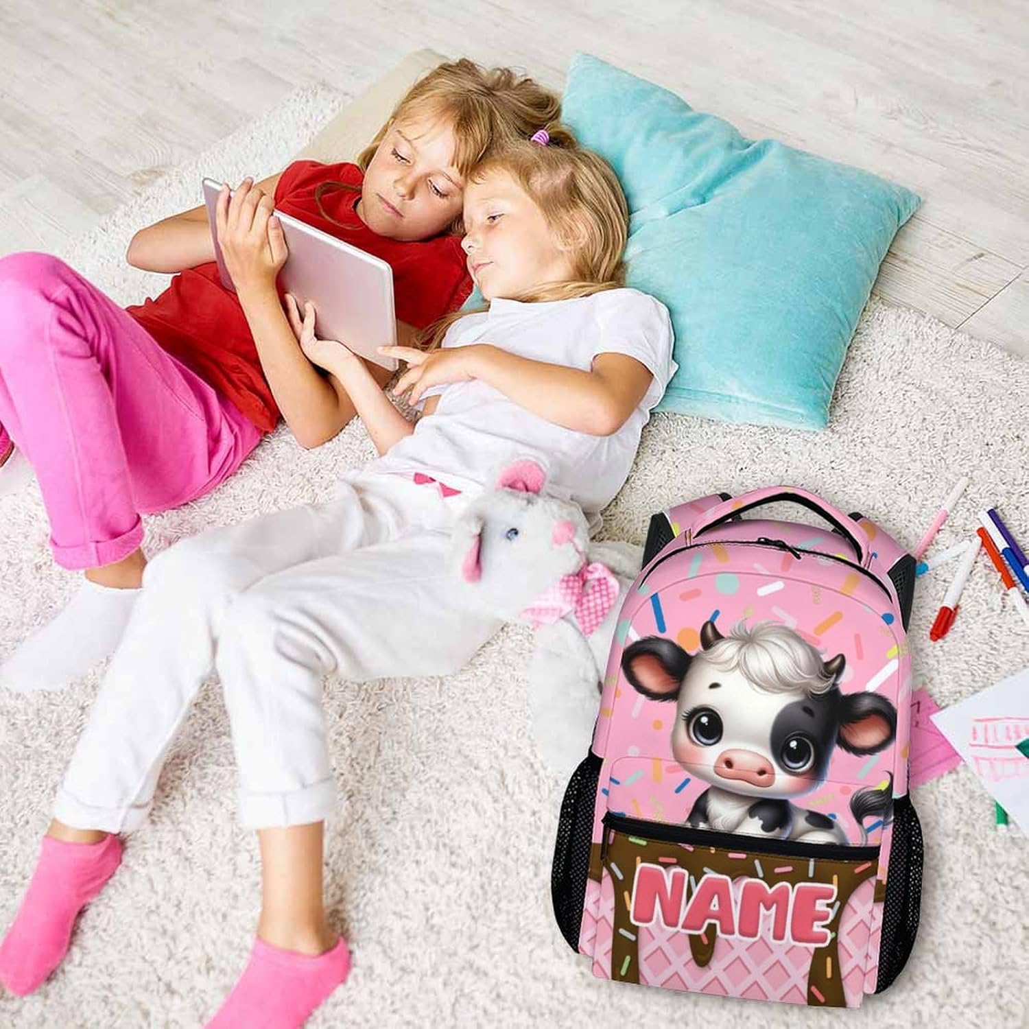 Cow Backpack, Kids Backpacks, Personalized Todder Backpack for Girls Boys 6-8, Preschool Elementary Kindergarten Schoolbag, 17 Inch Animal Book Bag for School Travel Camp