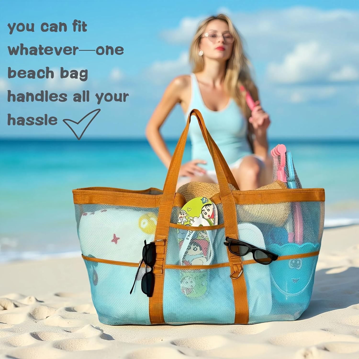 XX-Large Women's Mesh Tote, 9 Pockets, 2 Carabiners, Incl Waterproof Bag, Lightweight, Stylish – Beach, Pool, Travel