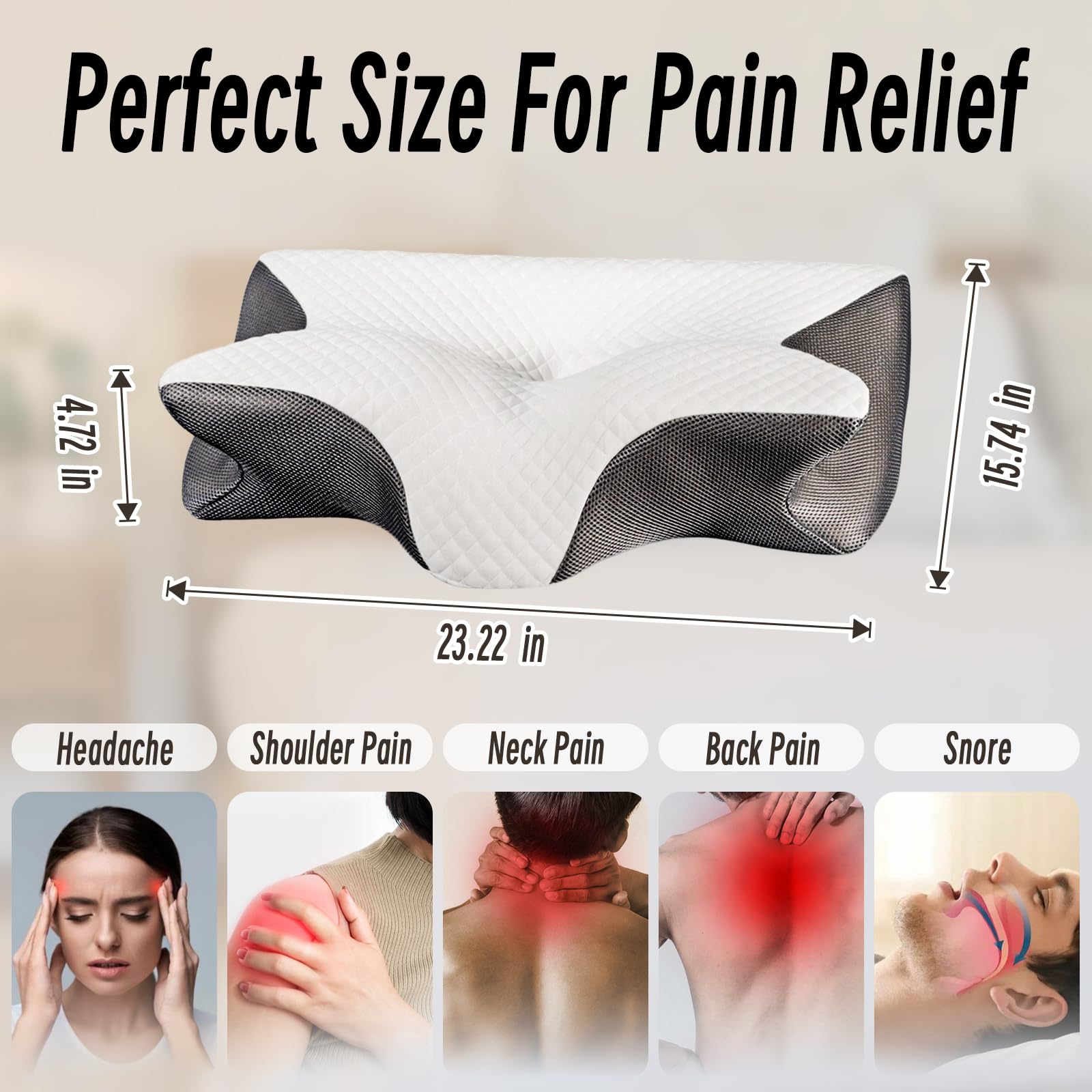 Cervical Pillow for Neck Pain Relief, Ergonomic Contour Orthopedic Pillow for Sleeping Shoulder Pain & Support, Cozy Memory Foam Neck Pillow with Pillowcase for Side Back Stomach Sleeper(Black)