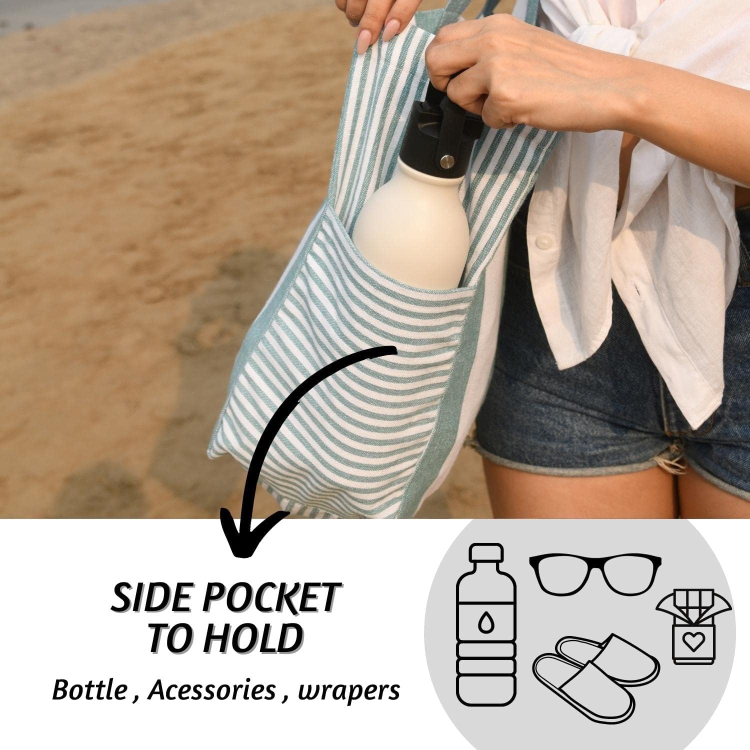 Folkulture Beach Bag For Women | 17 x 14 Inch - 100% Cotton Beach Tote Bag With Zipper Pocket Inside, Large Woven Pool Bag - Image 6