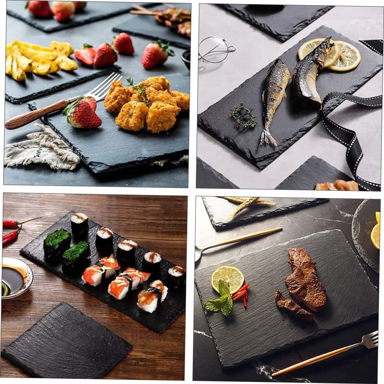 Hemobllo Plateaux à Sushis en Ardoise Noire 2 Pièces, Assiettes Multifonctions Réutilisables et Antidérapantes pour Desserts et Steaks, Design Isotherme Pratique