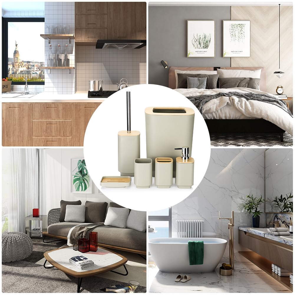 JOTOM Juego de 6 accesorios de baño de bambú, diseño moderno, 6 piezas, dispensador de jabón, soporte para cepillo de dientes, taza de dientes, jabonera, cepillo de inodoro, basura para baño,