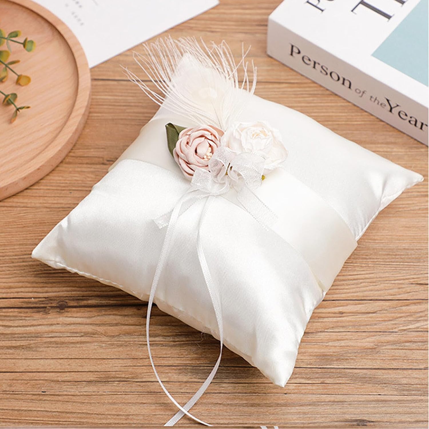 Wedding Ring Pillow Satin Flower Bowknot Lace Ring Bearer Cushion for Wedding Ceremony Bridal Shower Decoration