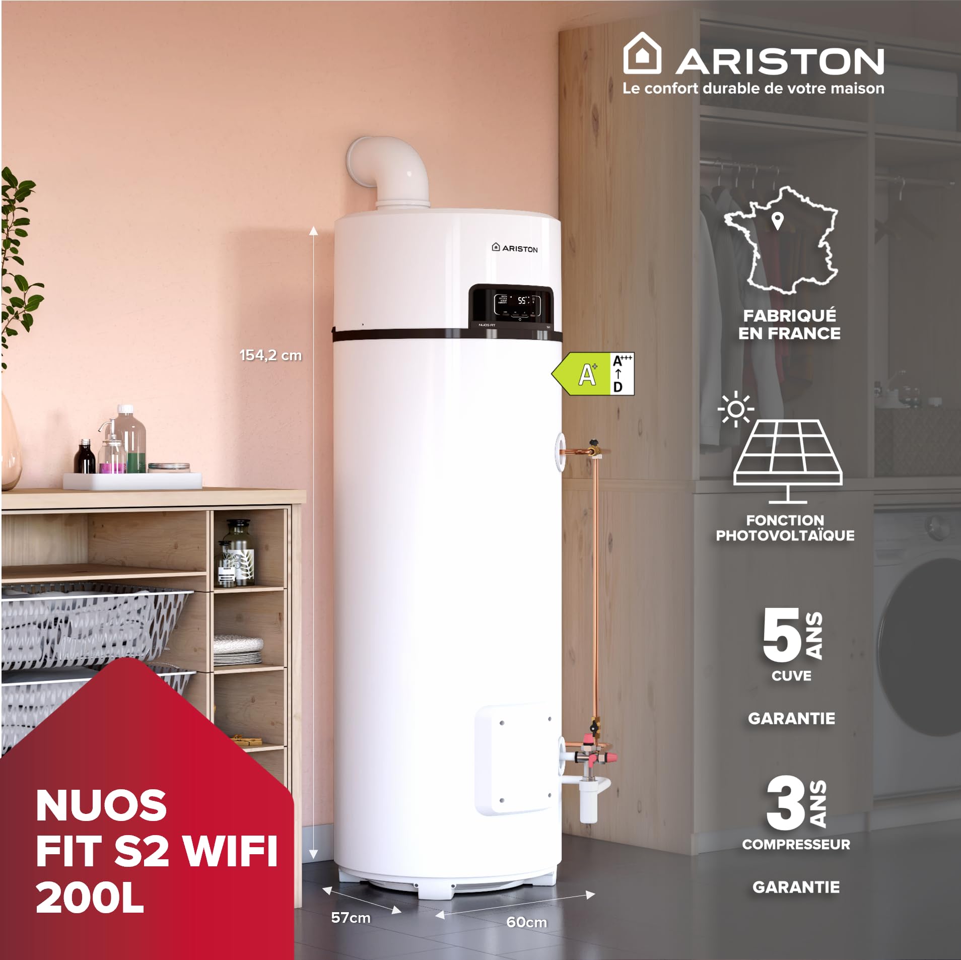 Ariston NUOS FIT WIFI 200L – Chauffe-eau Thermodynamique Air Ambiant A+, NF Perf 2**- Efficience Maximale Économies 80%, Propane R290, Compatible Photovoltaïque, Revêtement Cuve Titane, Made in France