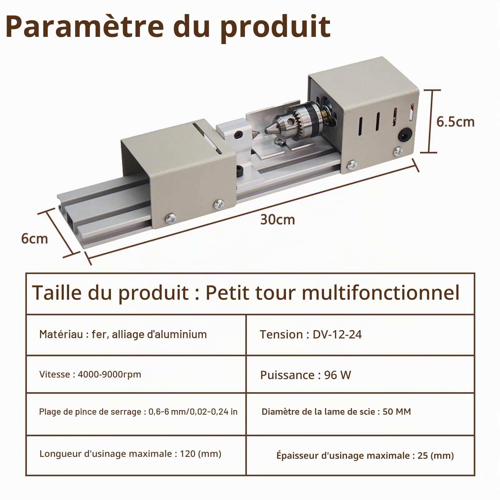 Mini tour en métal, 96 W, 4000-9000 tr/min, 7 vitesses, plage de serrage de 0,6 à 6 mm, tour de table pour le travail du bois DIY
