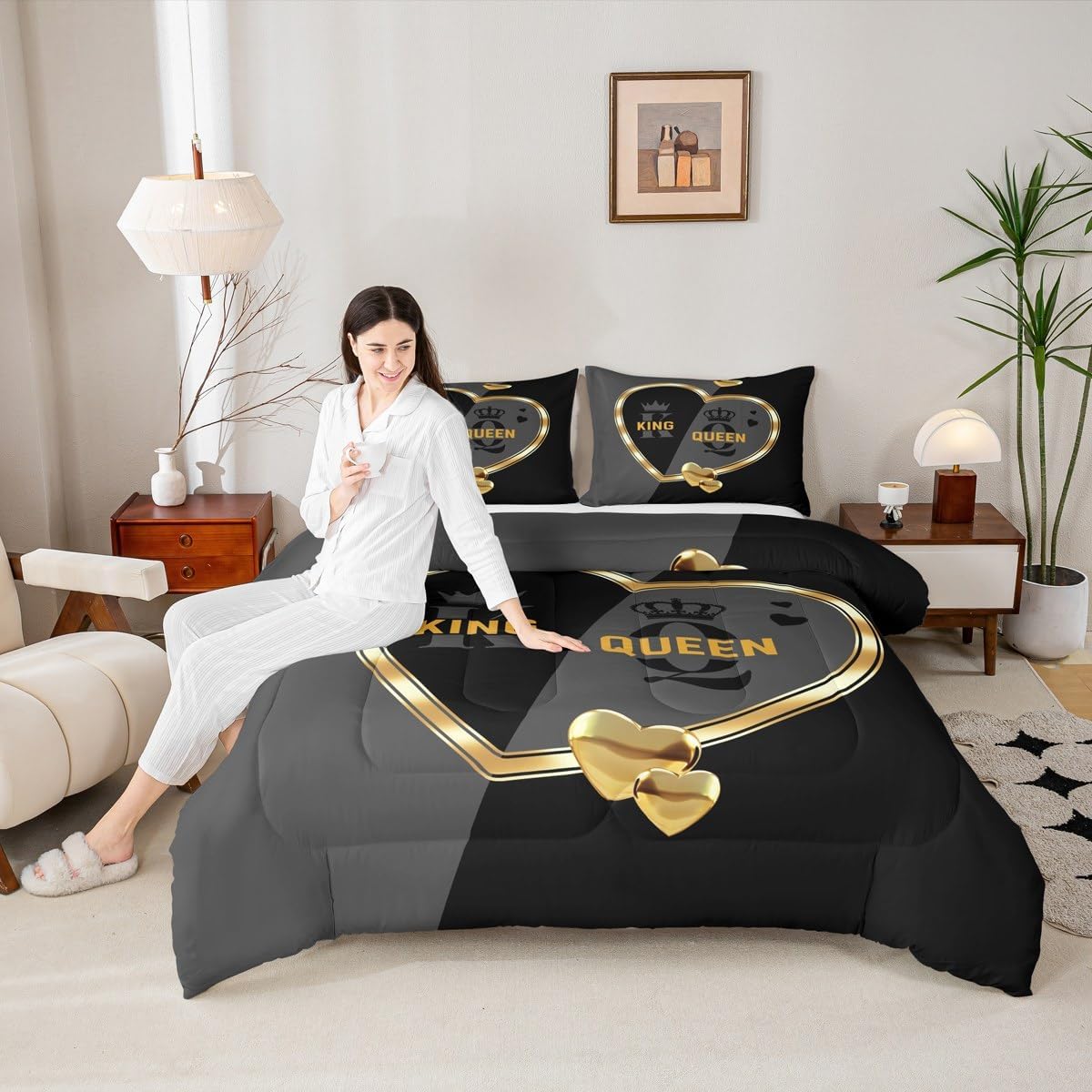 Erosebridal King and Queen Crown Comforter Set Romantic Gold White Loving Heart Full Bed Set,Couple Lover Gray and Black Comforter,Wedding Duvet Insert for Adults Men Women Bedroom Decor