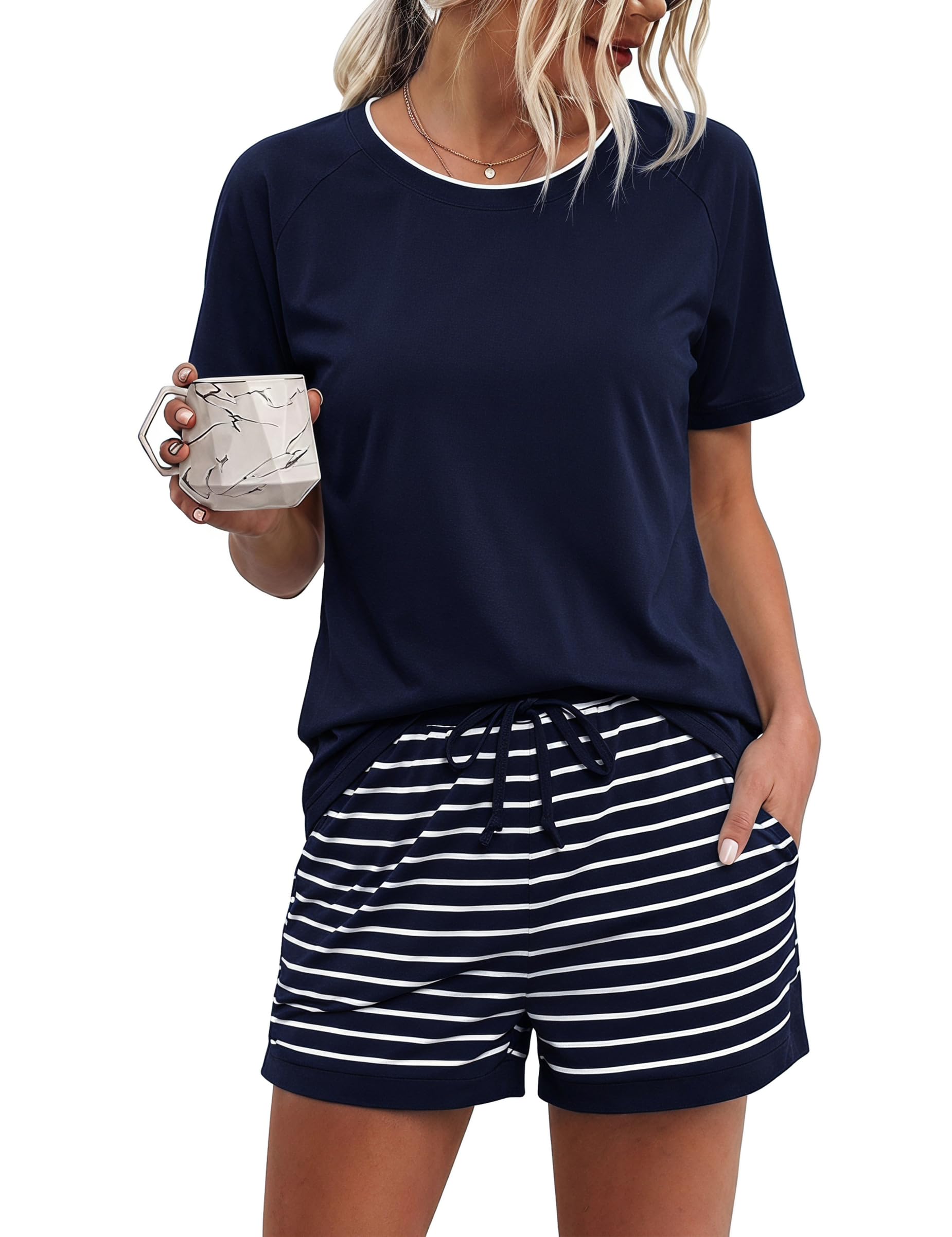 Litherday Pigiama Donna Cotone Estivo Corto Set Due Pezzi con Maglia Scollo a V Pantaloncini con Coulisse e Tasche Morbido Leggero da Casa e da Notte Taglie S-XXL