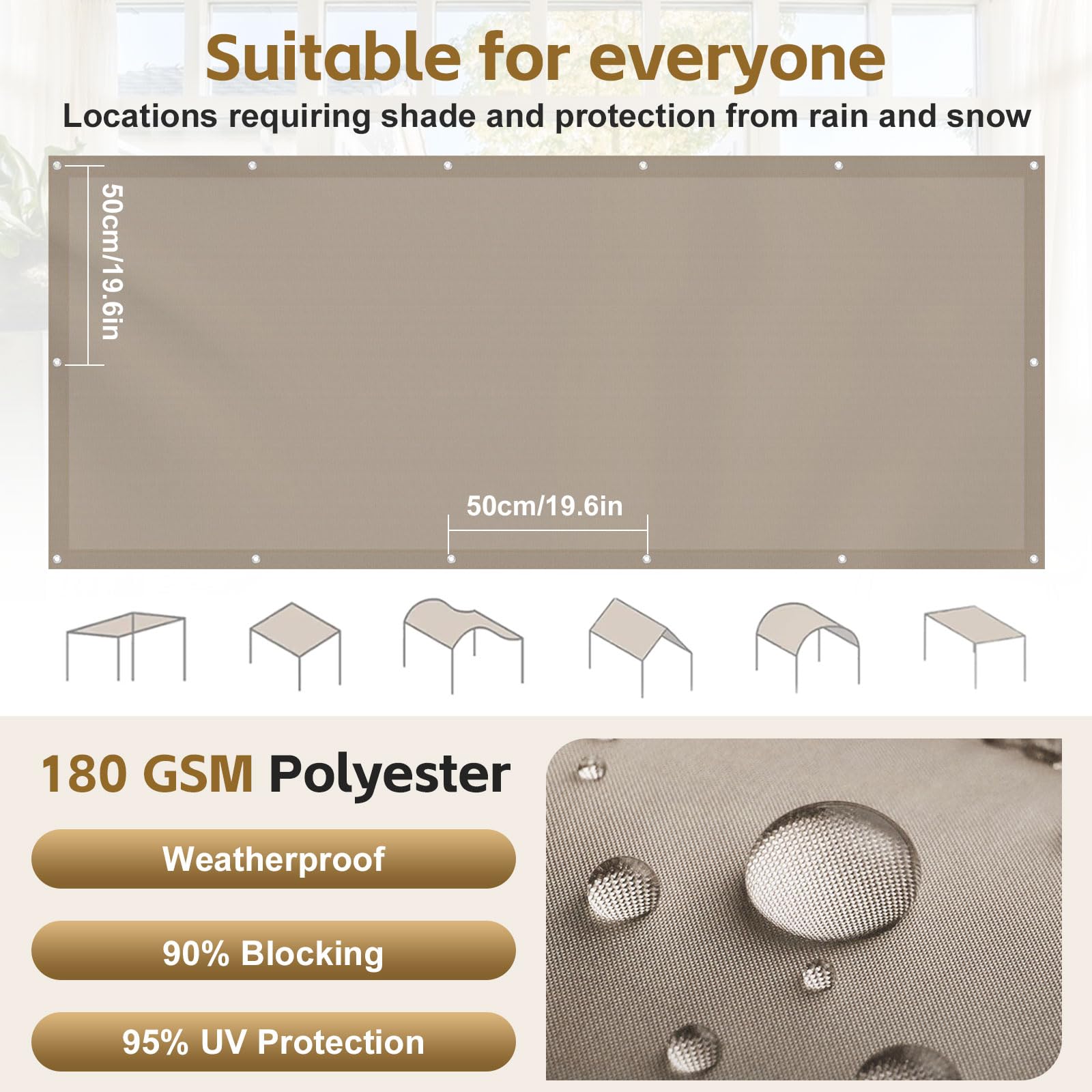 Sonnensegel Sonnenschutz 4x5m Balkon Sonnensegel Wasserdicht Rechteckig | Garten Schattierungsnetz 95% UV Schutz Wetterfest Segeltuch für Balkon Terrasse Garten, Khaki