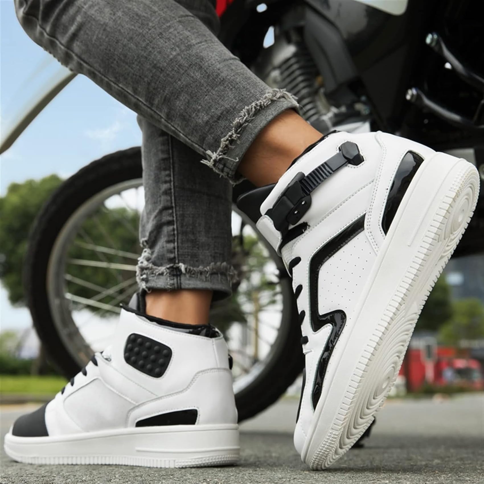 DJFOG Herren-Motorradschuhe, Leder-Biker-Motorradstiefel, Fahrradschuhe mit Knöchelstütze, Aufprallschutz, professionelle Schuhe