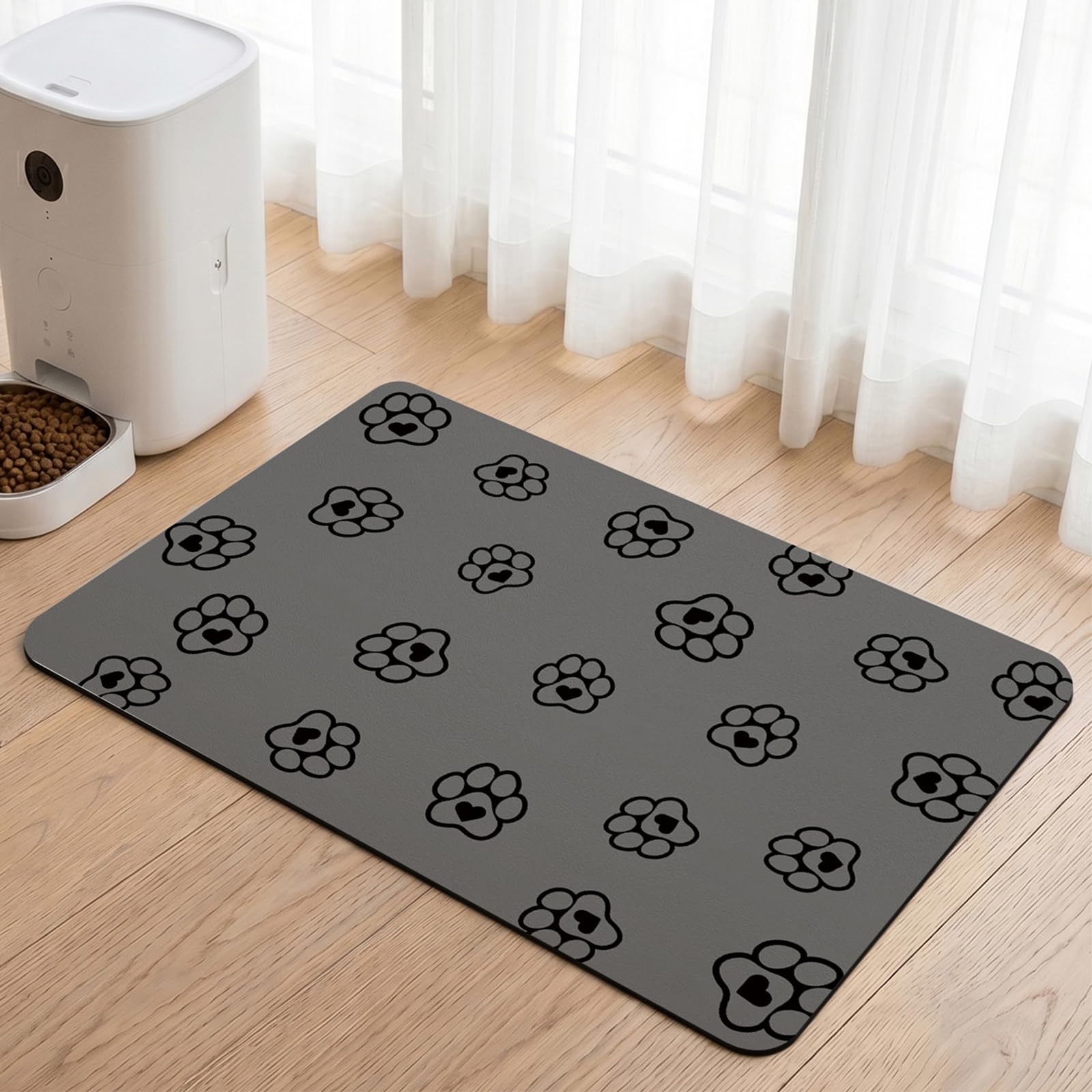 Pet Feeding Mat, Non Slip Dog Cat Food Water Bowl Mat, Absorbent Dog Bowl Mat Quick Dry Pet Placemat, No Stains Dog Food Mat Rubber Backing Cat Food Bowl Mat (Dark Grey, 30x50cm)