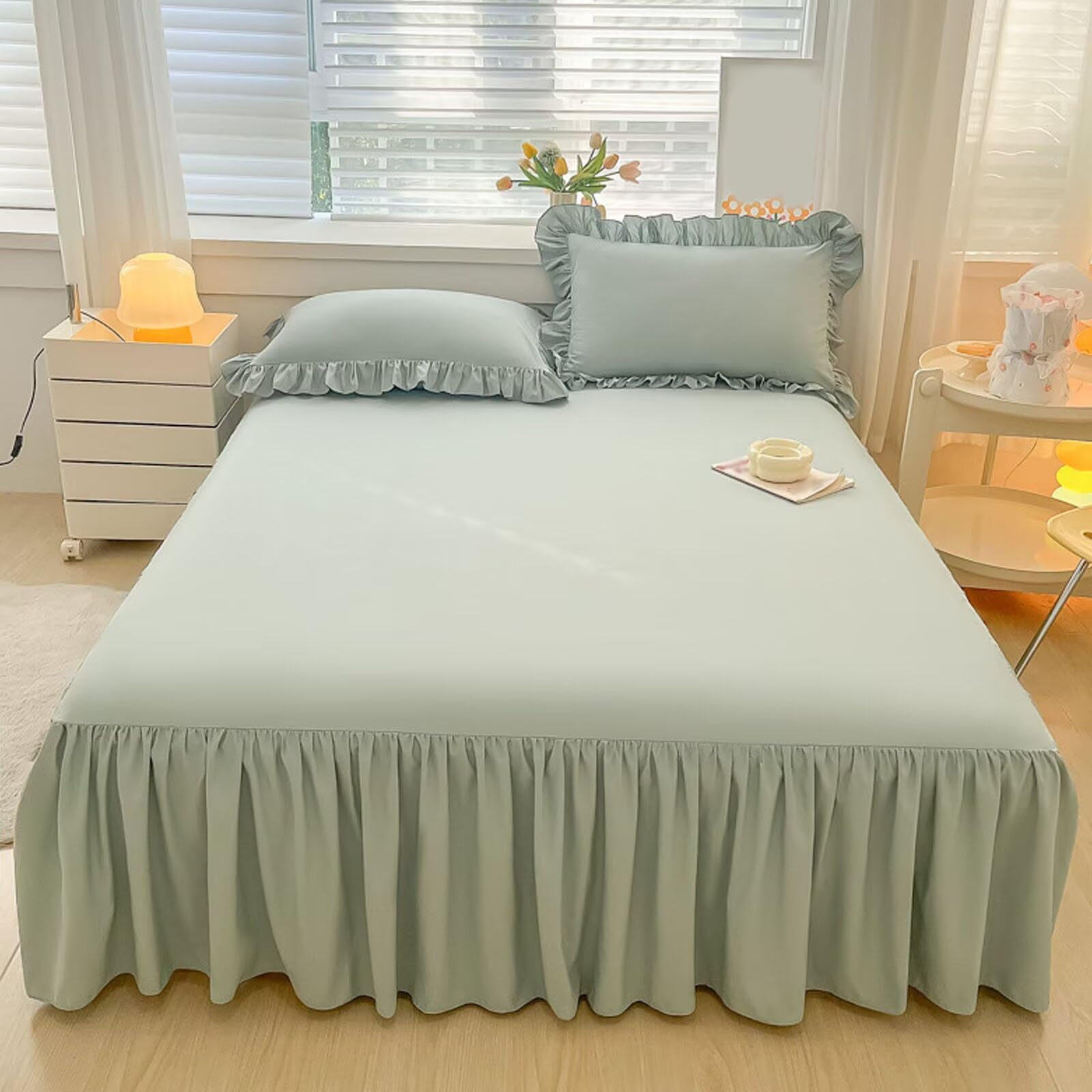 Jupe de lit en microfibre verte 40,6 cm cache-sommier à volants pour lit deux places