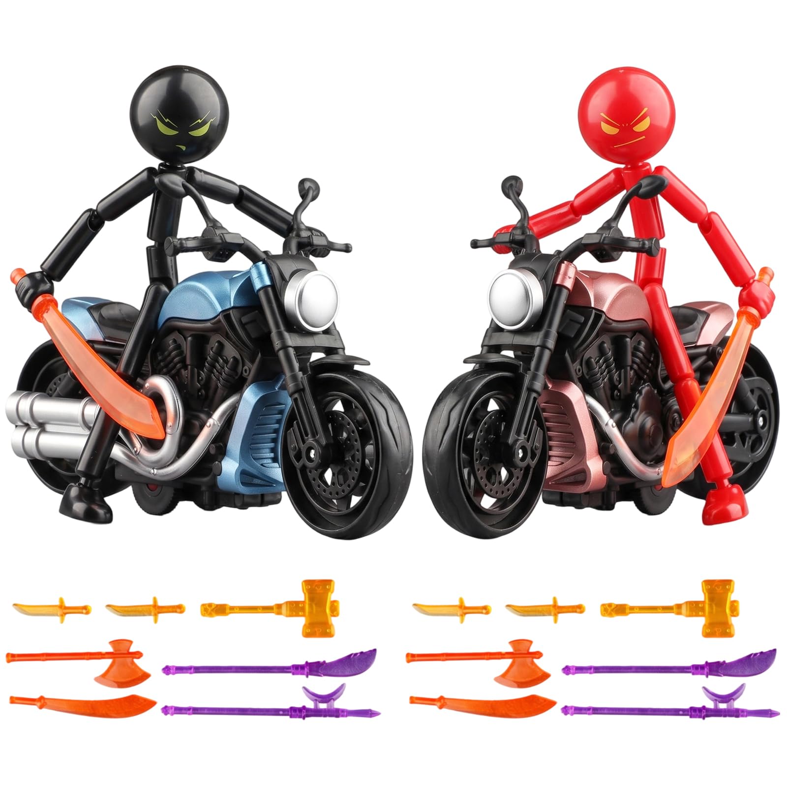 2Pcs Stickman Figure Toys Set, 3D Action Figures with Motorcycle and Weapon