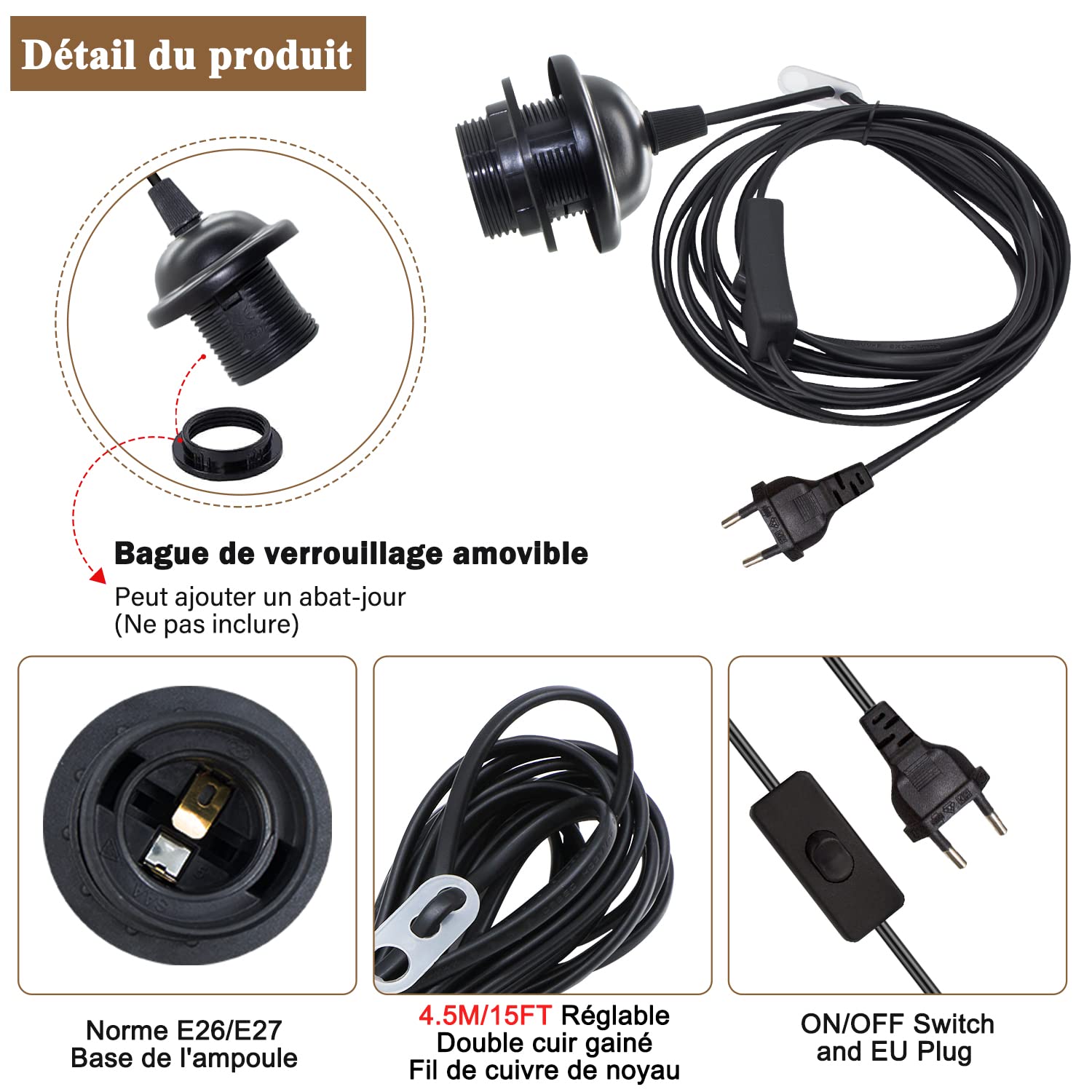 Suspension Luminaire E27 Douille Ampoule Avec Cable De 100 Cm E27