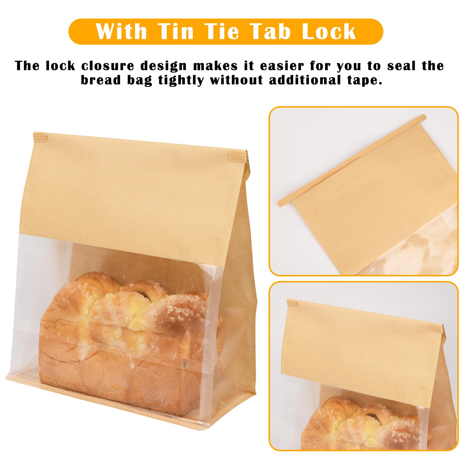 Paquete de 50 bolsas de pan grandes con cierre de pestaña de lata, bolsa de pan de 8.7 x 4.3 x 11 pulgadas con ventana frontal transparente, bolsa de golosinas para panadería, cafetería, pan casero