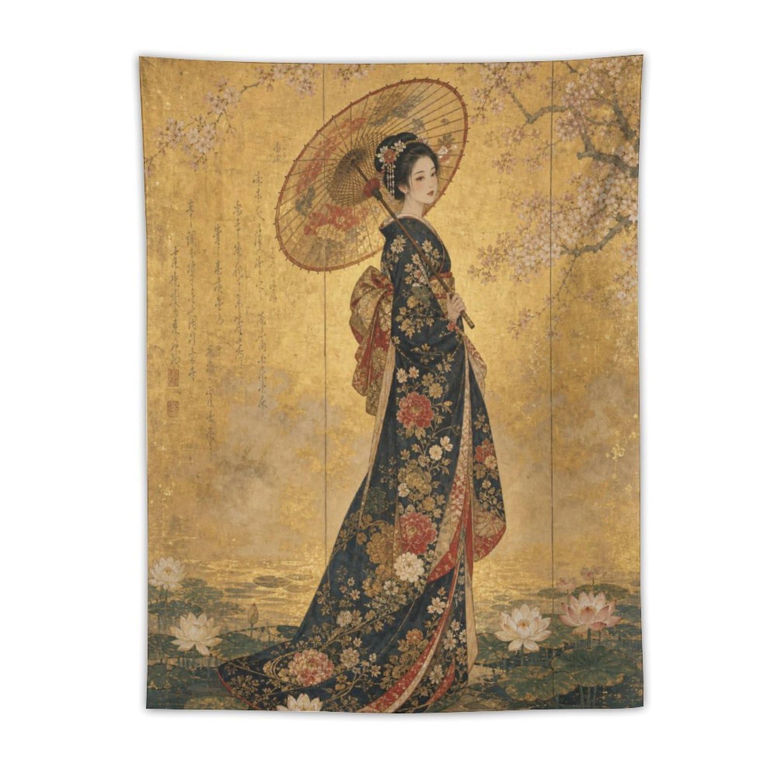 W7C8U2X3 Woman in Floral Kimono Wall Tapestry, Ukiyo-e, College Dorm