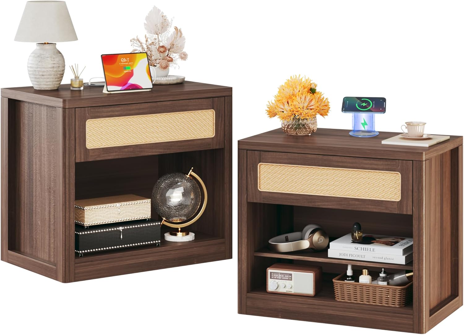 HUAHUU Wide Nightstand Set of 2, 26" Mid Century Modern Wooden Night Stand, Rustic Bedside Table with Rattan Drawer, Large Side End Table with Wireless Charging, Vintage Storage, Walnut