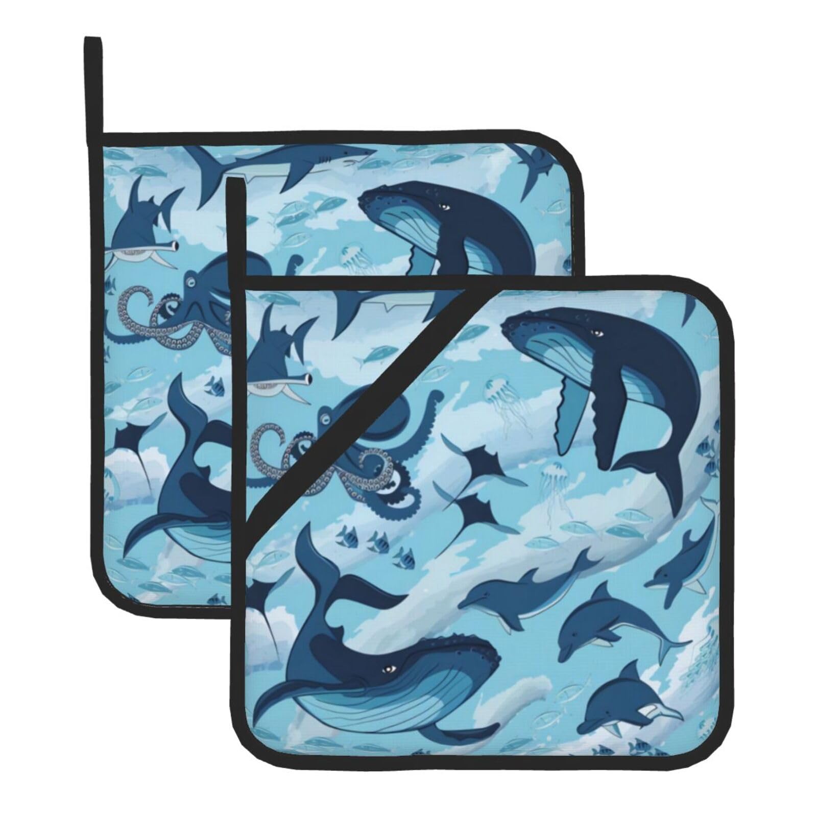 WHJSHOP Fish and Octopus Prints Square Hot Pads for Kitchen - Waterproof Pot Covers with Hanging Loops - Thick Heat Resistant Trivets for Serving & BBQ, 2-Piece Set
