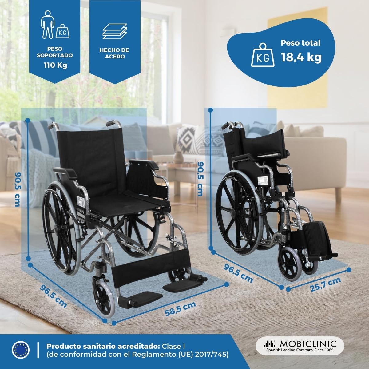Mobiclinic®, Silla de Ruedas Plegable, Autopropulsable, Giralda, Asiento 43 cm, Máx. 100 Kg, Reposapiés Extraíbles, Reposabrazos Abatibles, Ultraligera, Negro