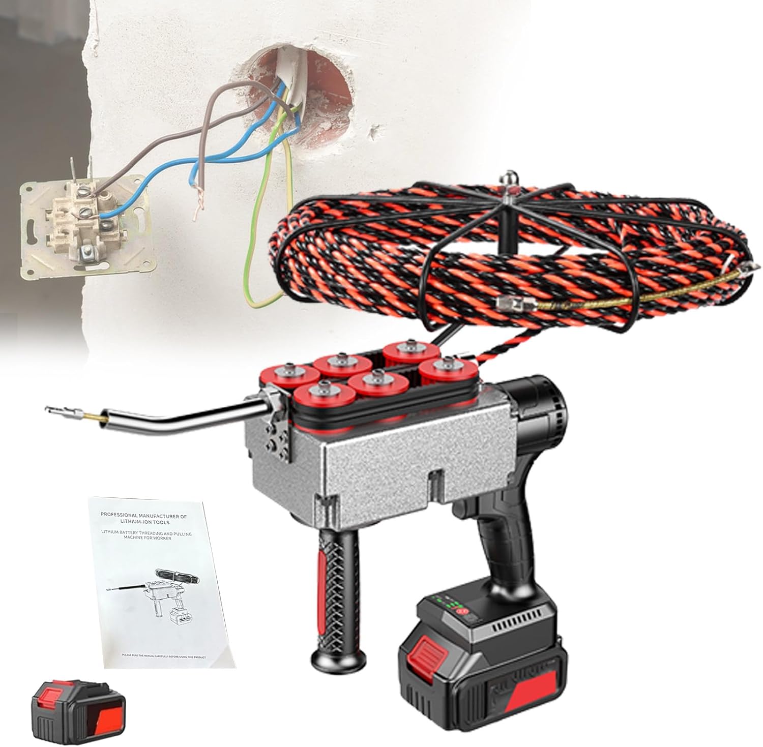 Electric Fish Tape Wire Puler, Electrical Wire Threade Fish Tape Cable Puler Kit, Through Wal Cable Running Rods Tool,for Hydropower Wiring Work 1battery