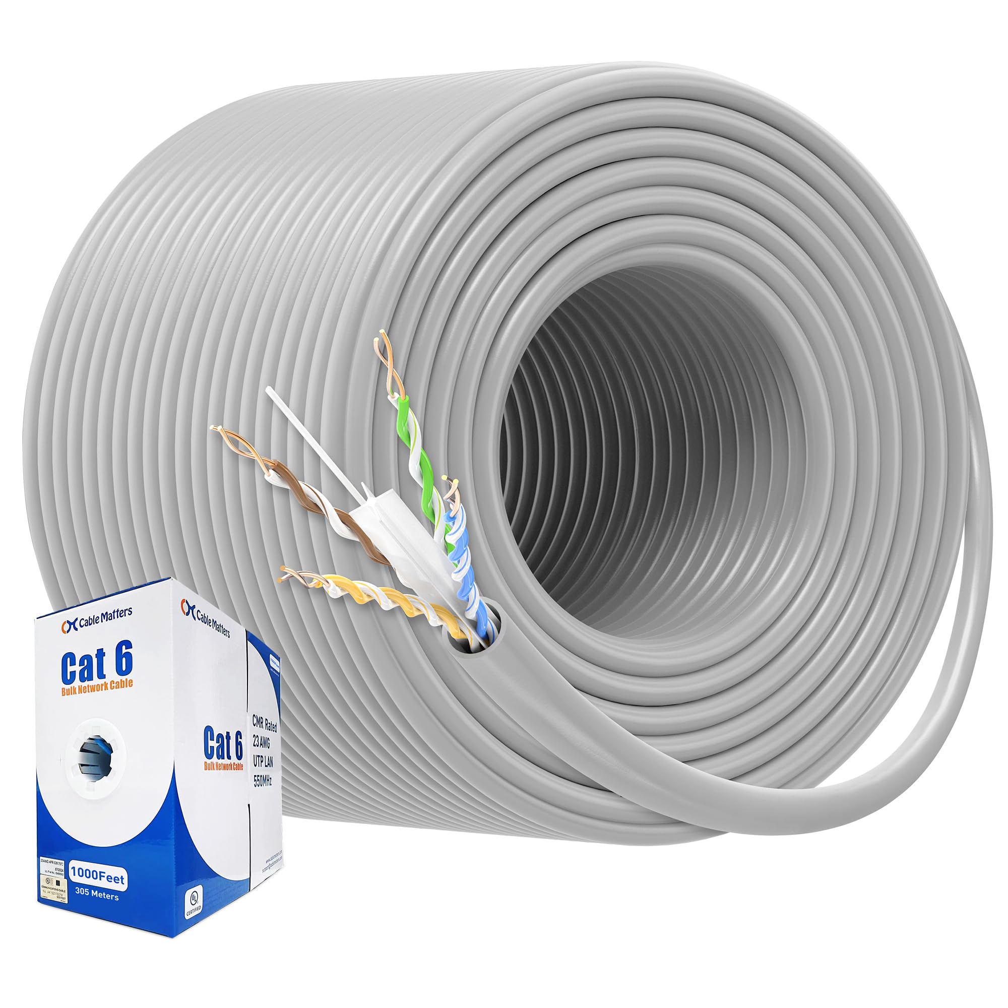 Cable Matters [UL Listed] 10Gbps in-Wall (CM) Rated 23AWG Bare Copper Cat 6 Cable - 1000ft, Solid, UTP Cat6 Bulk Ethernet Cable, Cat6 Ethernet Cord,