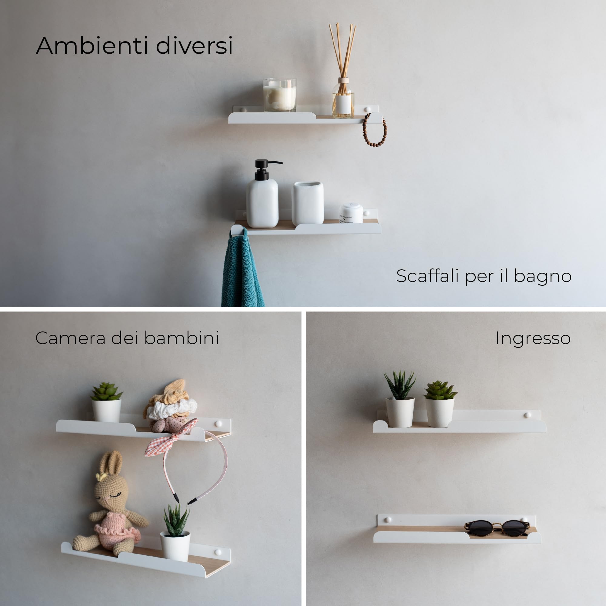 MILUKA Set da 2 Mensole da parete con Ganci 35 cm, Metallo bianco e legno | Picola Mensole da Muro Design, bordi arrotndati e superficie in legno di rovere | Ideali per cameretta, bagno e cucina