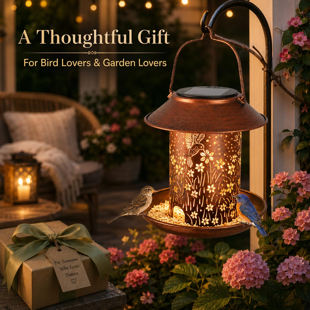 Comederos para pájaros para exteriores, faroles solares de colibrí, impermeables, para colgar, decoración de jardín, regalos de cumpleaños para mujeres, mamá, Navidad, decoración solar de metal para