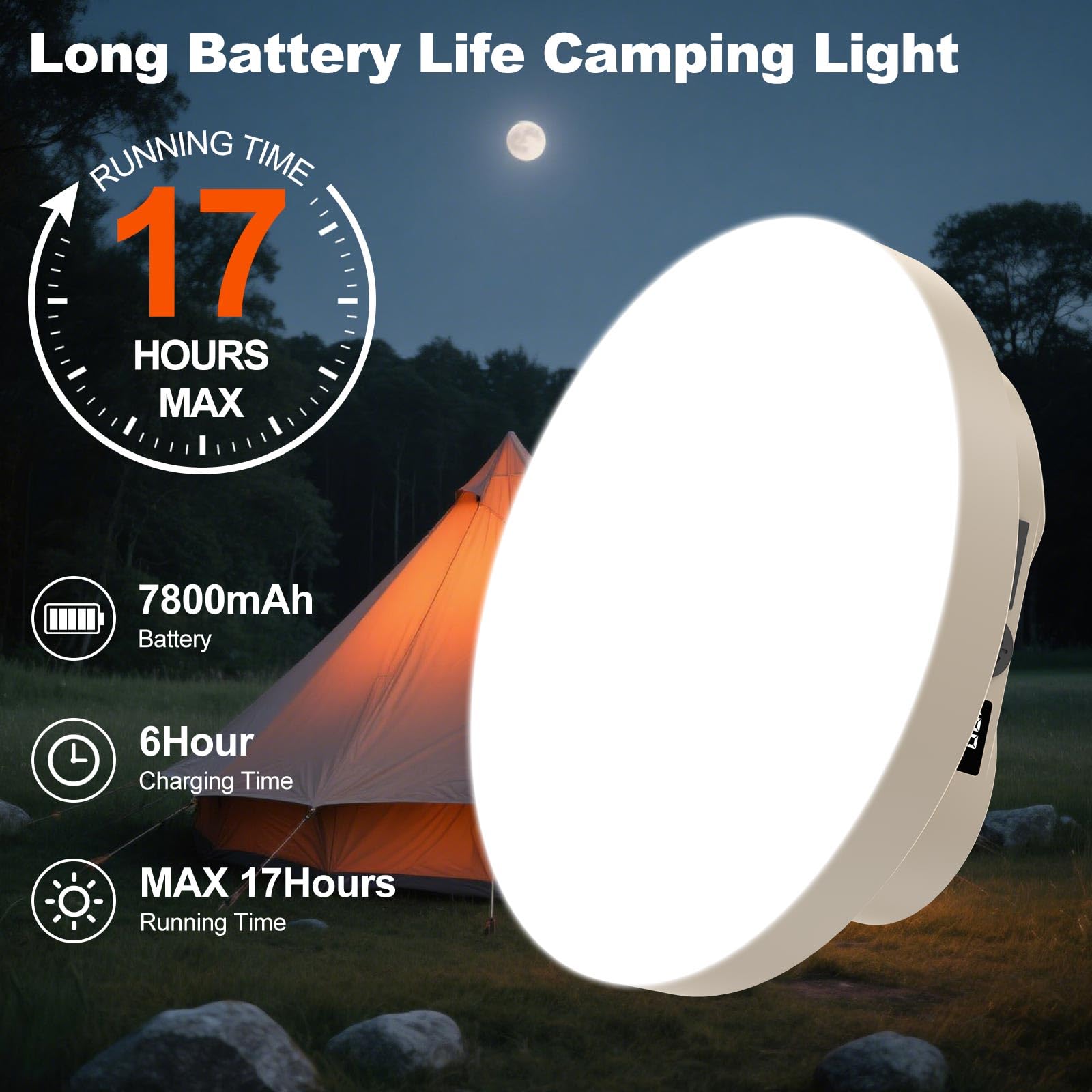 Lampe solaire de camping avec batterie de 7800 mAh et affichage numérique – Lampe de tente de 3000 lumens, 4 modes d'éclairage (blanc/chaud/naturel/SOS), port écrou d'extension 1/4, 17 heures
