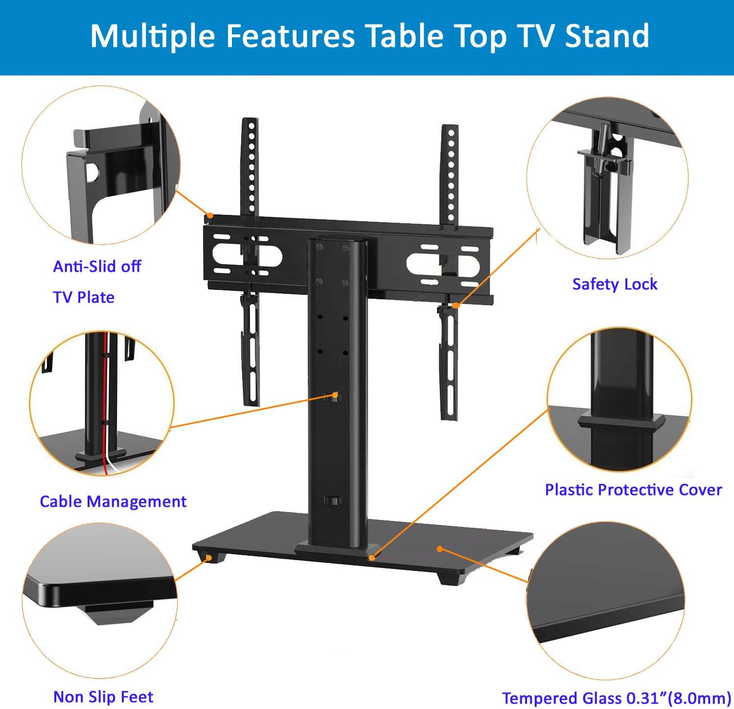 FORGING MOUNT Universal TV Stand Base Table Top TV Stand for 26 to 55 Inch TVs -Height Adjustable TV Mount Stand with Tempered Glass Base & Wire Management, Holds up to 88lbs, VESA 400x400mm(Max)