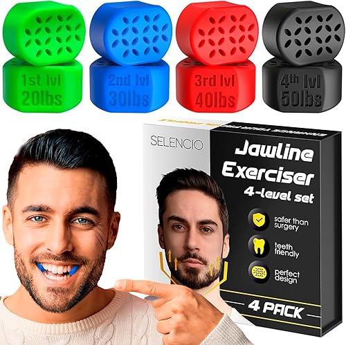 Ejercitador de mandíbula para hombres y mujeres  4 piezas potente entrenador de mandíbula  Eliminador de doble barbilla  Tabletas de tóner de