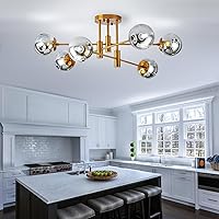 Vista 3 de Lámpara de araña de 6 luces dorada con cubierta esférica de vidrio Sputnik, lámpara de techo de 34" de gran tamaño para comedor, lámparas de araña