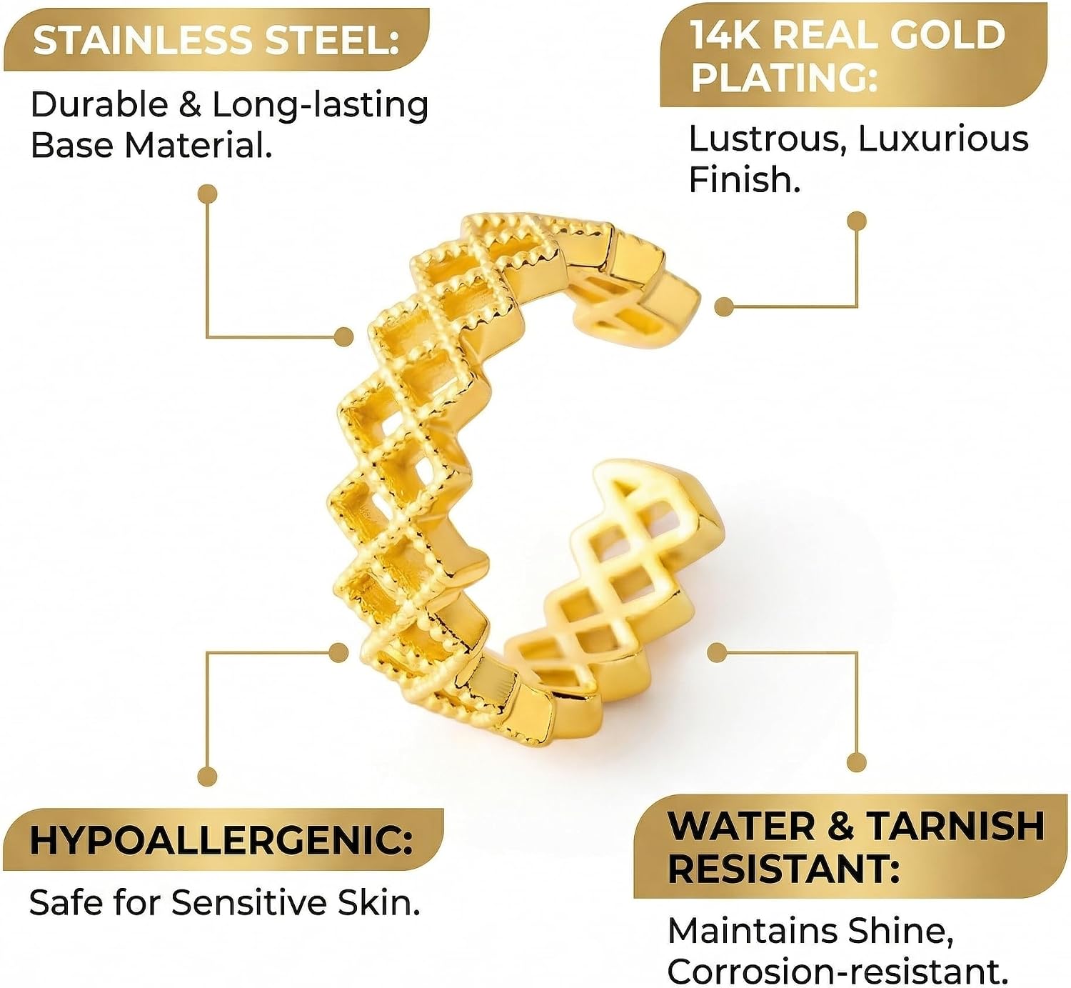 14K Gold Plated 316L Stainless Steel Ear Cuffs for Women – Non Piercing, Adjustable, Hypoallergenic Cartilage Cuff Earrings (Multiple Styles