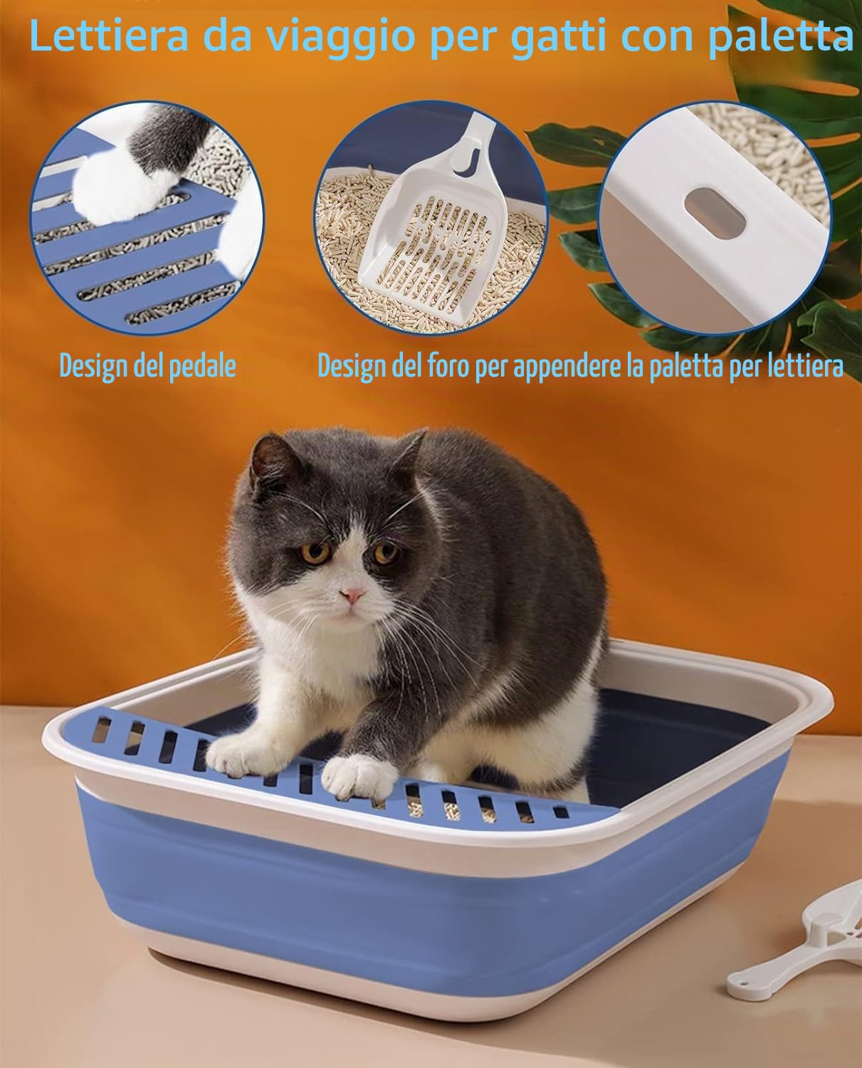 Lettiera Gatto, Toilette Gatti con paletta, Grande Lettiera pieghevole per Gatti, Ingresso basso, Toilette da viaggio con pedale cadente per la sabbia per gatti fino a gatti più grandi