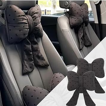 2PCS Chic Car Headrests with Bow-Shaped Cotton Linen Bowknot Neck Pillows for Cozy Road Trip & Cute Interior Decoration Black Polka