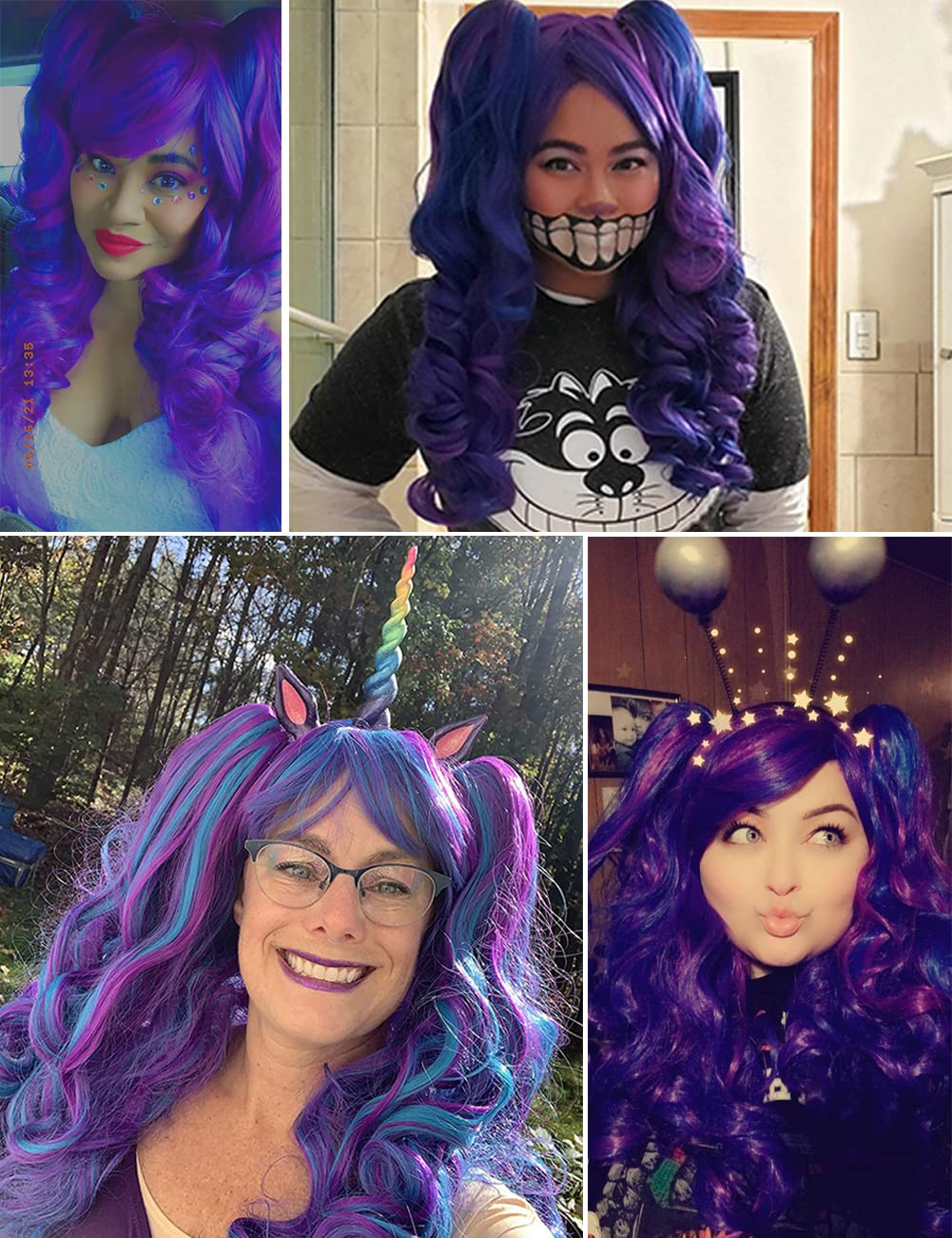 ColorGround Long Curly Cosplay Wig with 2 Ponytails(Blue/Purple) - Image 3