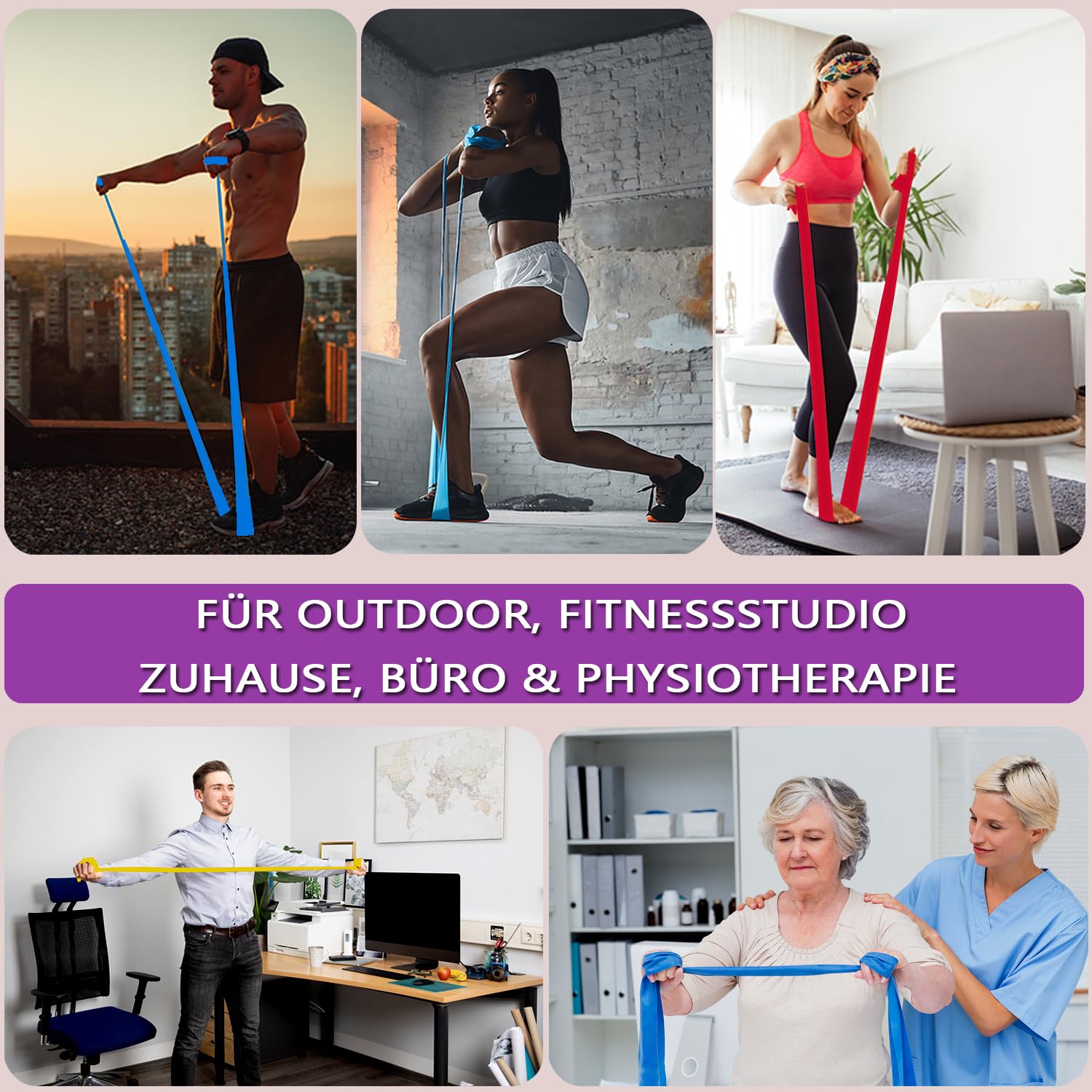 FitBeast Set di 4 fasce terrestri da 1.5 m, con 4 fasce da ginnastica, con borsa per il trasporto e istruzioni per l'esercizio, fascia per fitness, pilates, yoga, allenamento con
