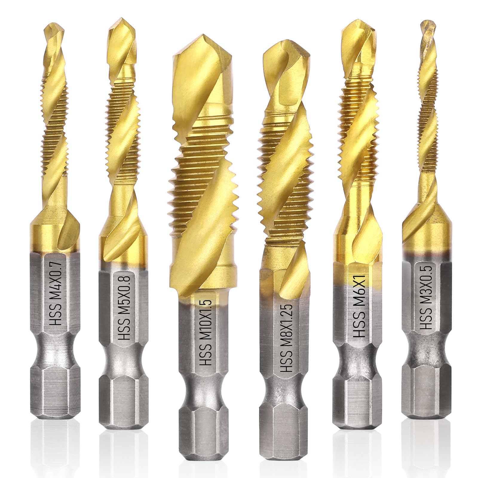Drill Tap Set, Valkynos 6 Packs Titanium Plated Combination Taps Drill Bit Set, M3 M4 M5 M6 M8 M10 Hex Shank HSS Screw Thread Metric Compound Tap Drill Bits Metal Drilling