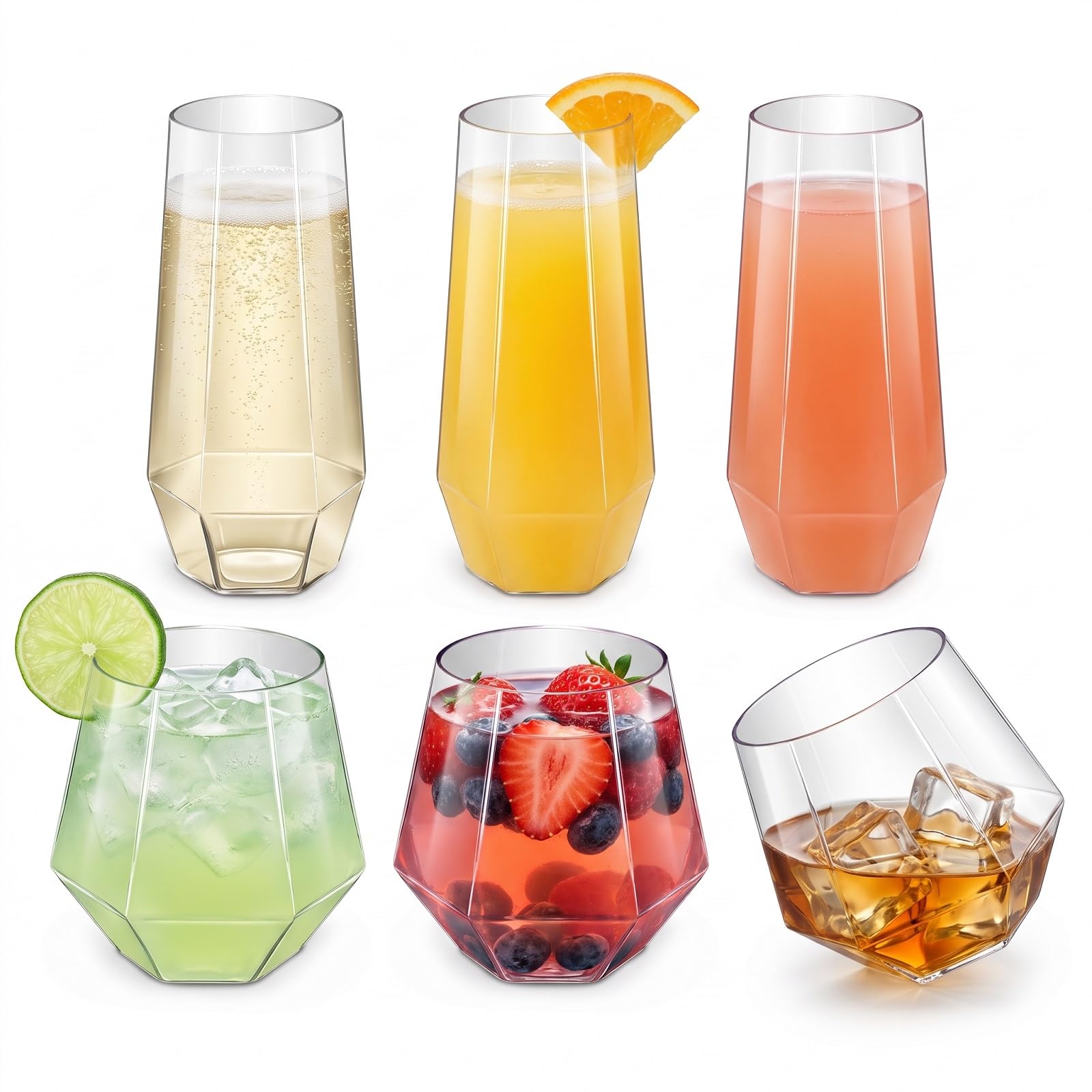 60 Pack Plastic Wine Glasses Set, Whiskey Tumblers & Champagne Cups