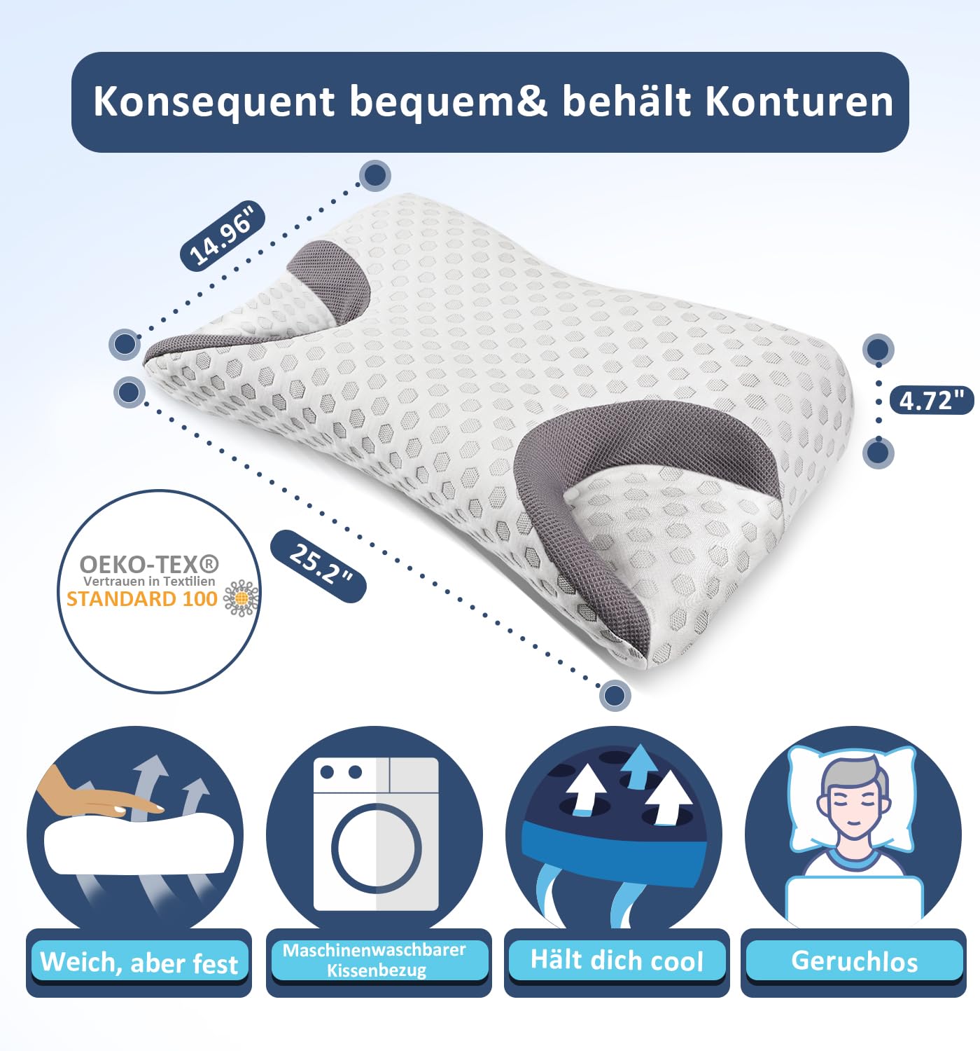 CPAP Cuscino in memory foam per chi dorme sul fianco, Cuscino per apnea notturna per dormire, Cuscini adatti a tutti gli utenti di maschere CPAP, Cuscino di supporto per collo ortopedico, grigio