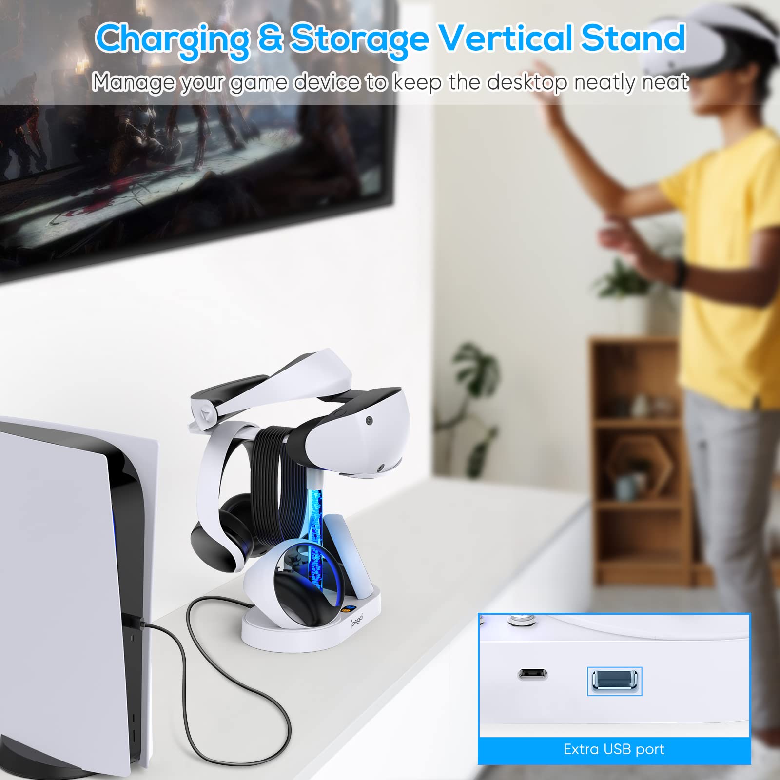Ladestation für PS VR2 mit RGB-Licht, vertikale Ladeständer Dock Unterstützung für PSVR2 Headset Display, PSVR2 Zubehör für PlayStation VR2 mit 4 Typ-C magnetische Adapter für Sense Controlle