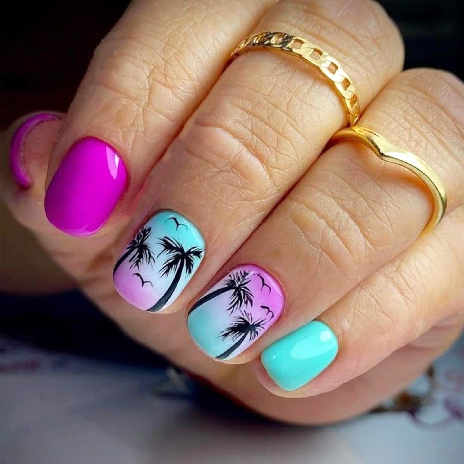 Short Press on Nails Square Shaped Fake Nails with Designs Coconut Tree Gel Glue on Fingernails Summer Acrylic Nails Pink Green Gradient Artificial