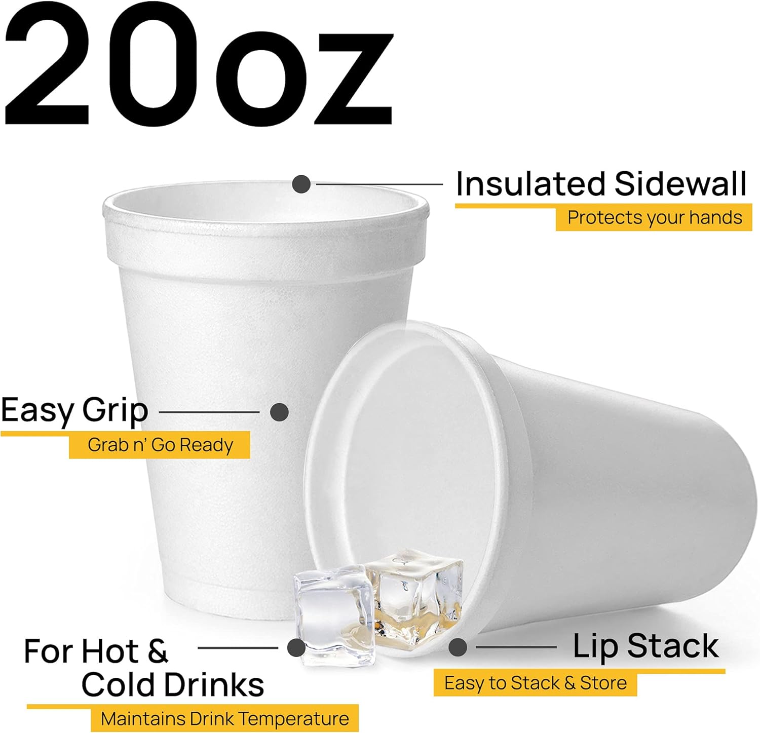 Shop Square 20 Oz Disposable Foam Cups (50 Pack), White Foam Insulates Hot & Cold Beverages, Made in the USA, To-Go Cups - for Coffee, Tea, Hot Cocoa, Soup, Broth, Smoothie, Soda, Juice