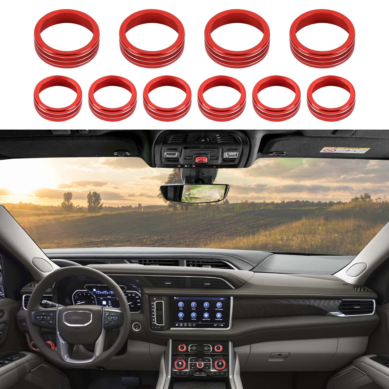 Hoolcar Interior Center Console Switch Button Trim Air Conditioner Aluminum Alloy Knob Cover Compatible with 2019-2023 Chevrolet Silverado & GMC Sierra, Red, 10PCs