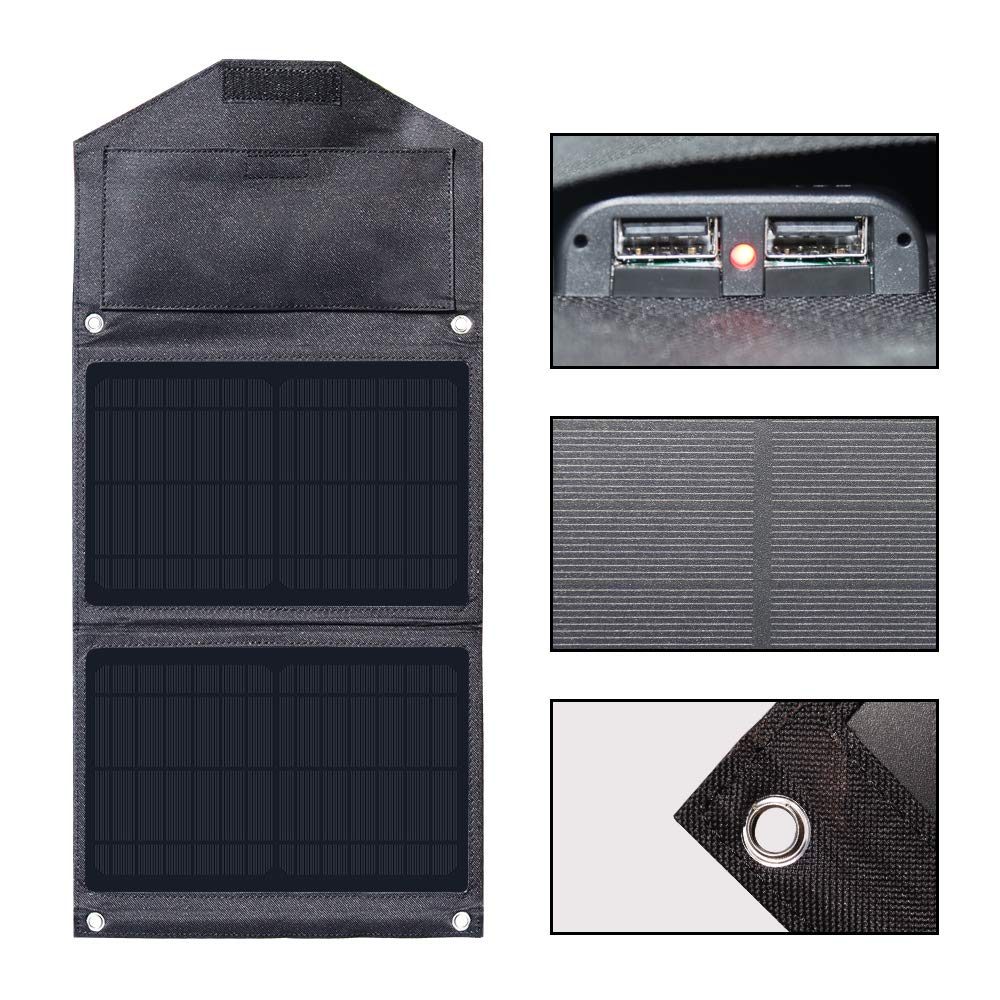 XINPUGUANG Cargador Solar 14W Portátil Dual USB Exterior Panel Solar Plegable 5V 3A Salida para teléfono, Tableta, cámara, Banco de energía, Ventilador, Camping, Carga de Viaje (Negro)