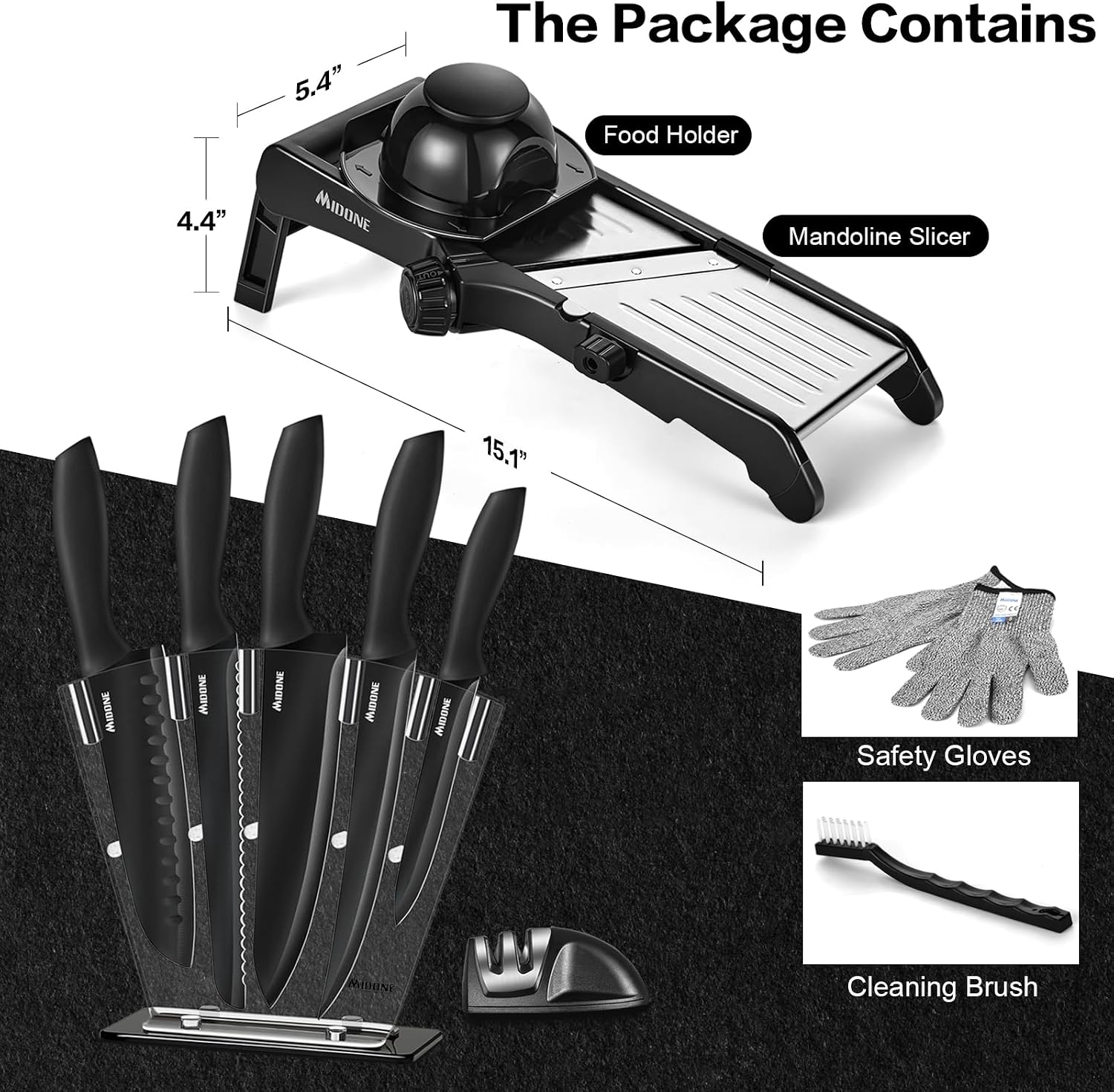 Package Contents of MIDONE Mandoline Slicer and Knife Set