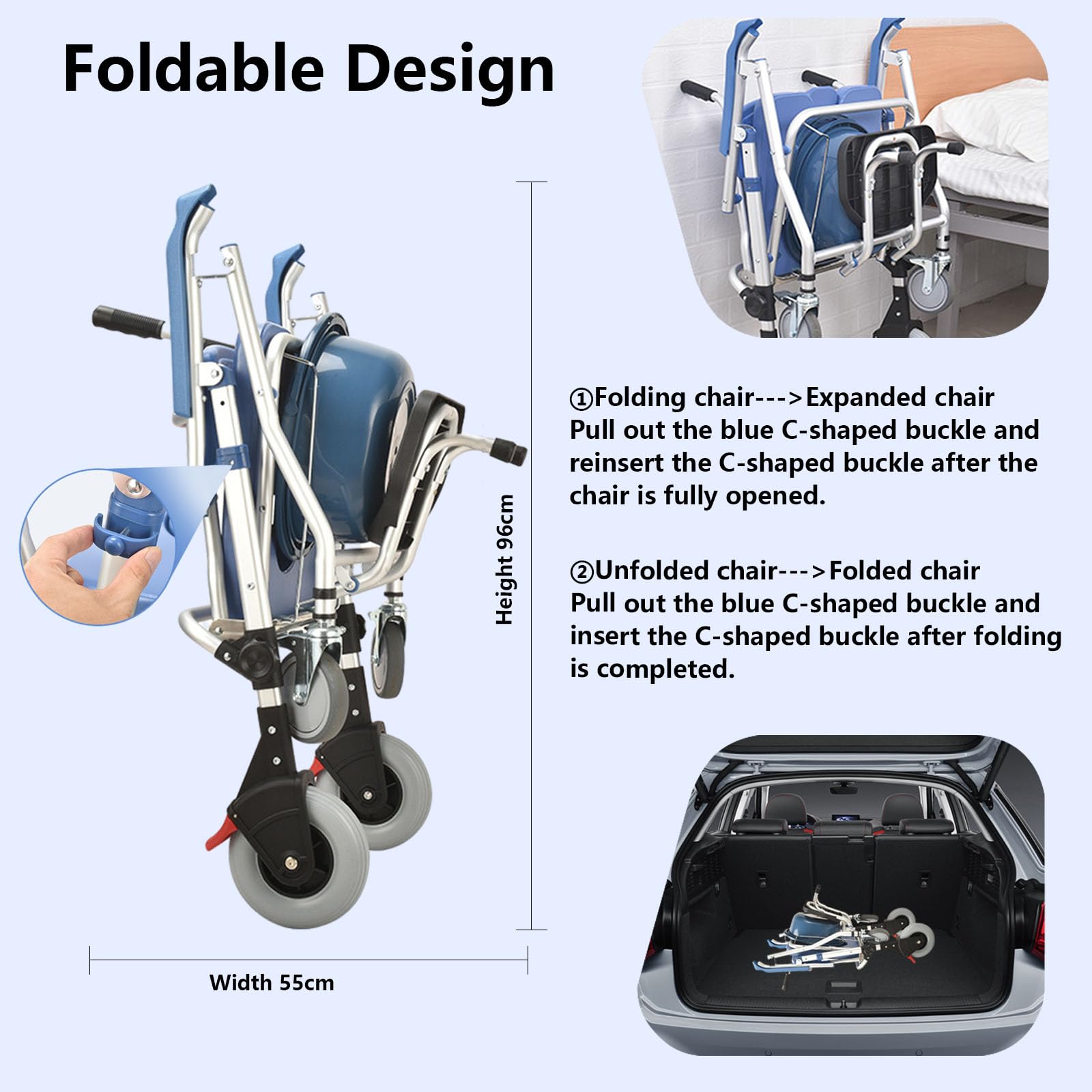 Sedia Comoda WC per Anziani, Sedia Doccia Disabili con Ruote, Multifunzione Sedia a Rotelle Doccia Pieghevole con Braccioli, Carrozzina Doccia per Disabili e Anziani con WC (Blu)