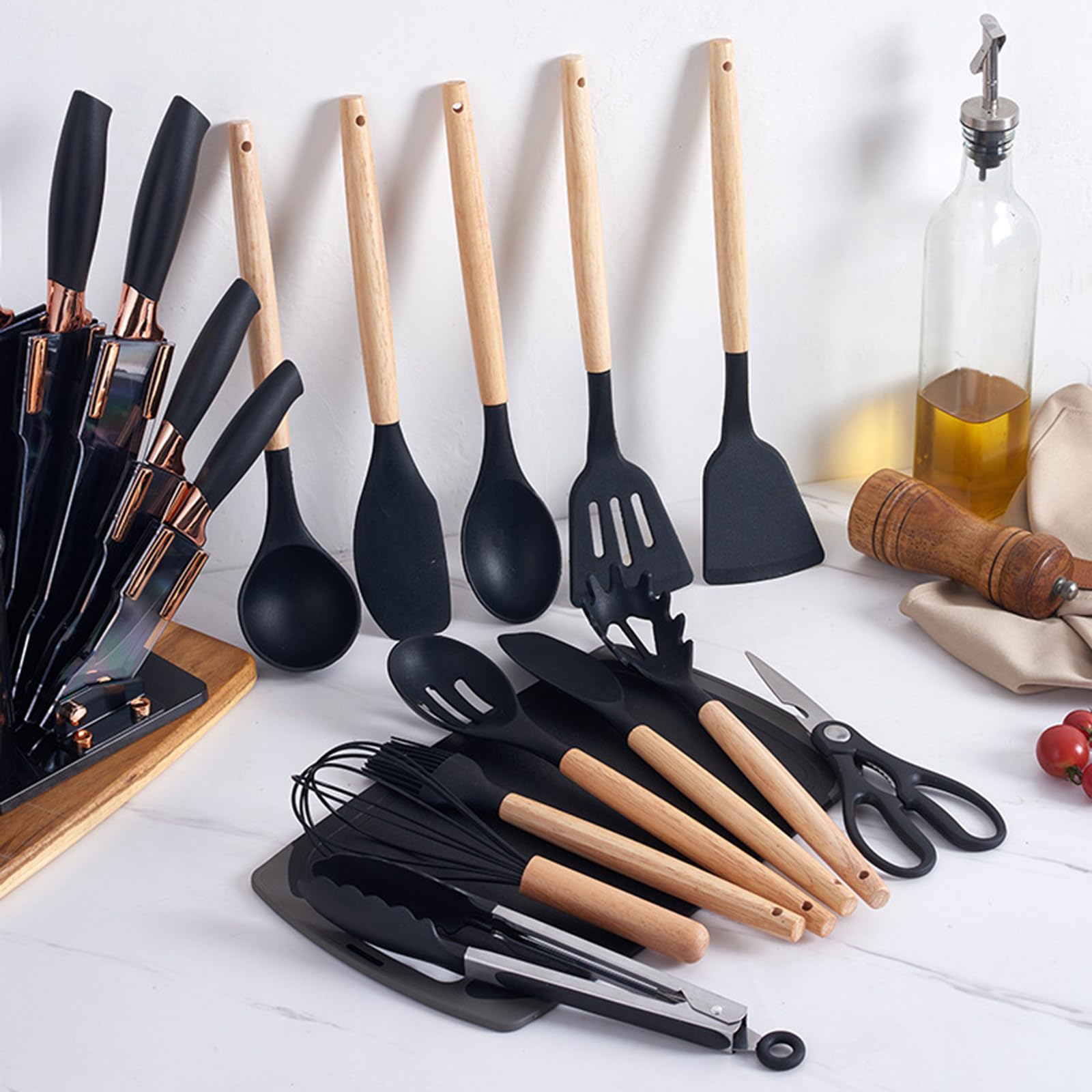 Generisch Silikon Pfannenwender Set mit Holzgriffen, Hitzebeständig und Antihaft, 19-teiliges Küchenutensilien Set für alle Töpfe und Pfannen