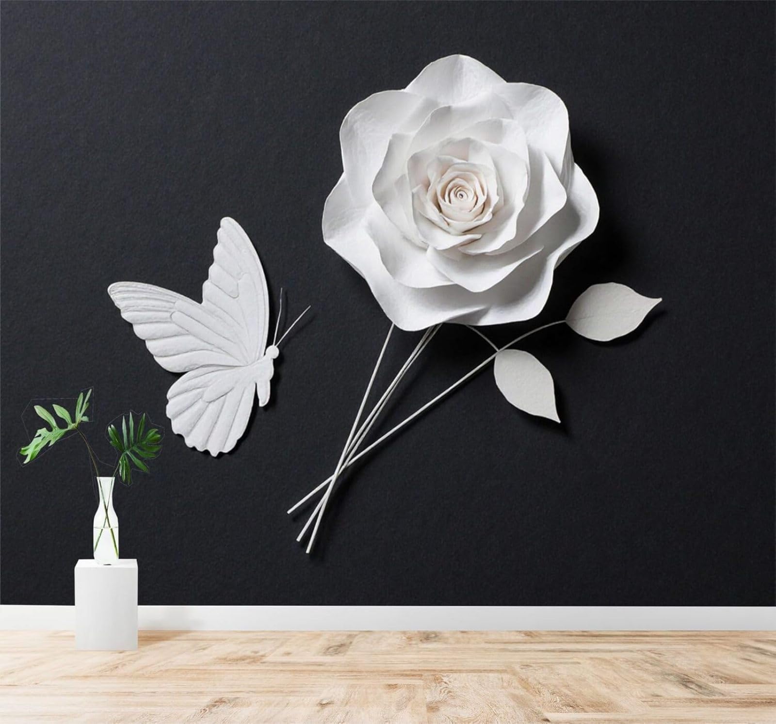 XLMING Minimalist Three Dimensional White Rose Butterfly Leaves 3D Wallpaper Silky Texture Home Study Office Grey Dining Room Sofa Bedroom Living Room TV Backdrop-300cm×210cm