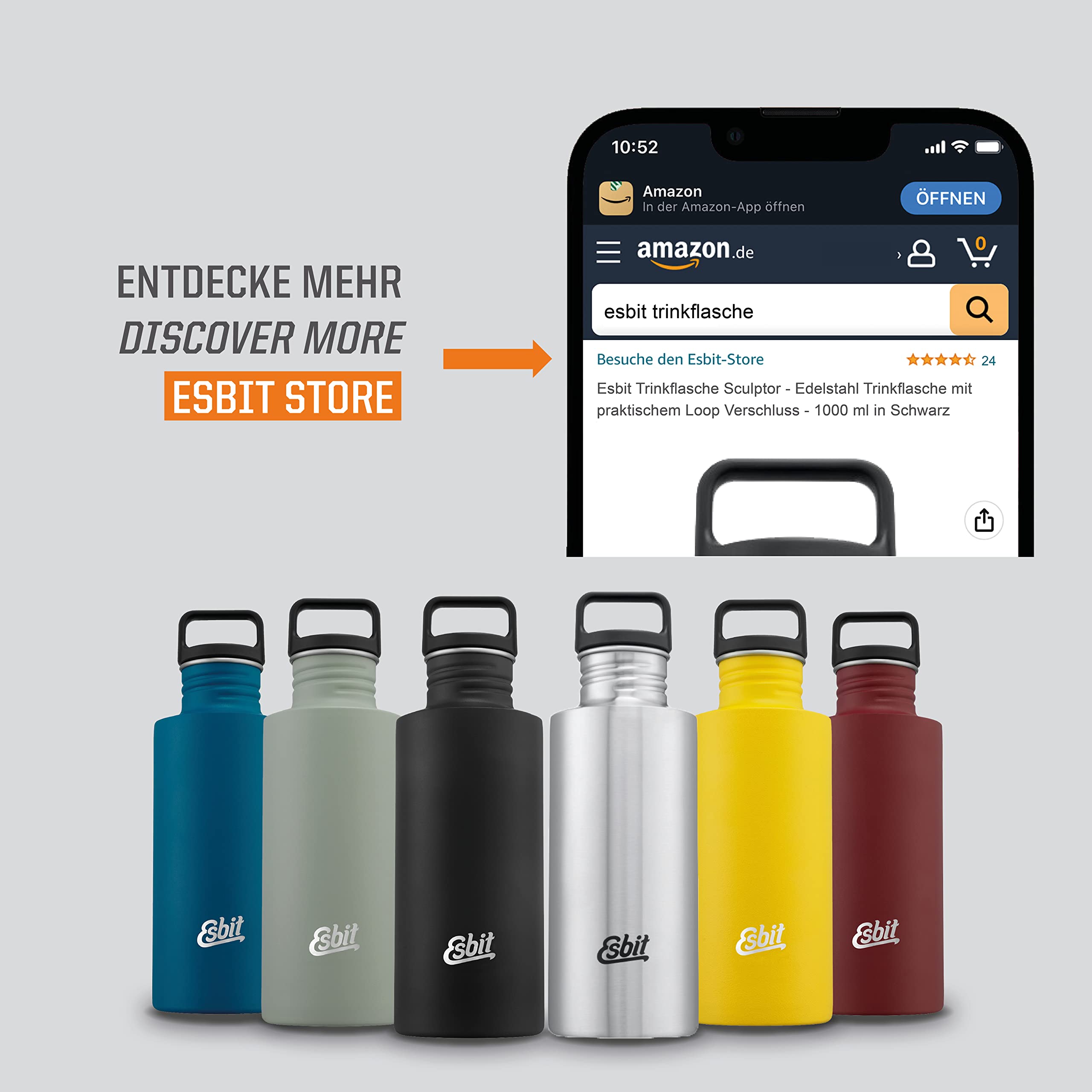 Esbit Trinkflasche Sculptor - Edelstahl Trinkflasche mit praktischem Loop Verschluss