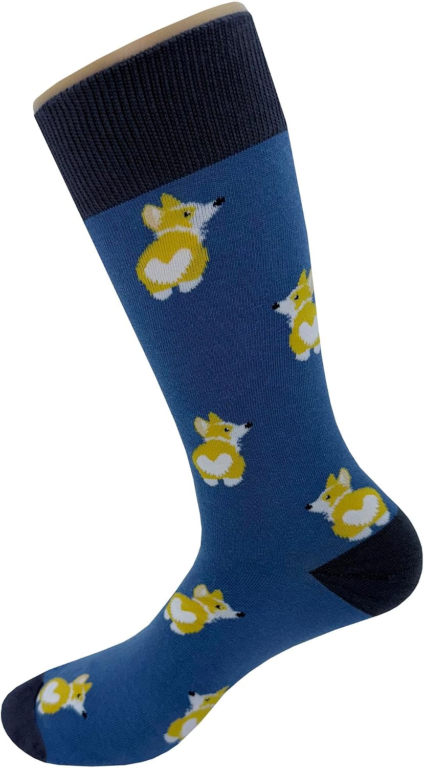 Corgi Dress Socks Funny Novelty Crazy Fun Design Men Size 8-12 Cotton Casual Crew Colorful Funky Fancy Socks Gift for Men