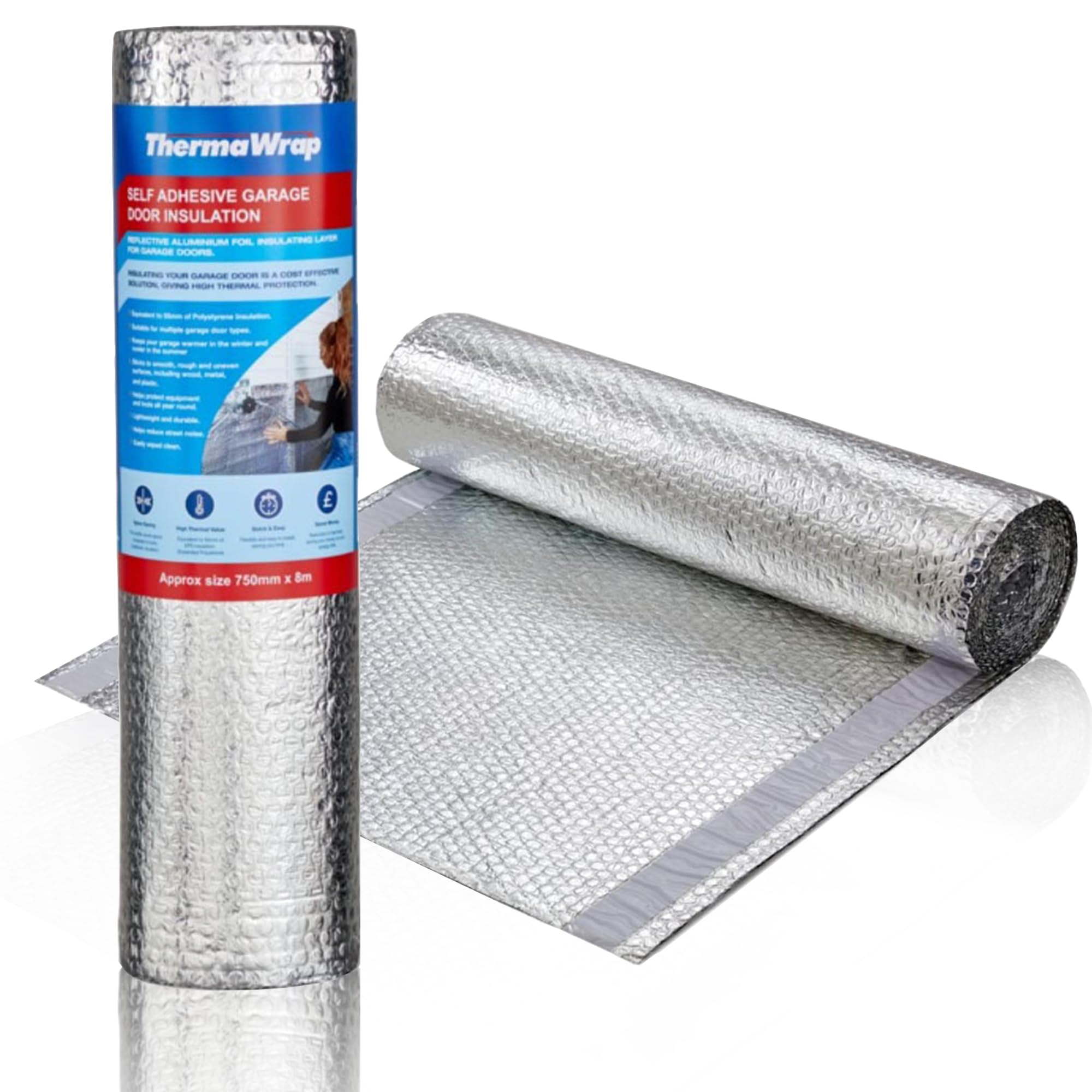 Thermawrap Garage Door Insulation Roll – 750mm x 8m | Self-Adhesive Bubble Foil Thermal Barrier | Heat Reflective, Energy Saving, Easy to Fit for Warmer Winters & Cooler Summers